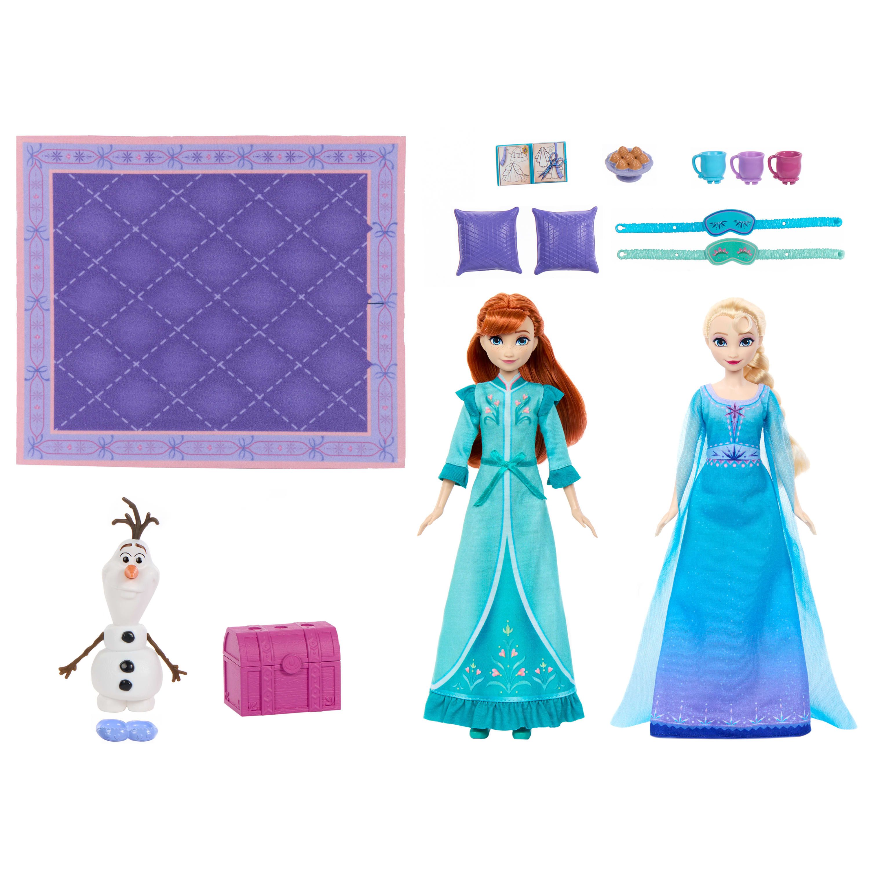 Mattel® Anziehpuppe Disney Die Eiskönigin Schwestern-Pyjamaparty Set mit Anna- und Elsa, Modepuppen, Olaf-Figur und 14 Zubehörteilen