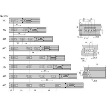 SO-TECH® Auszug Vollauszug kugelgelagert Tragkraft 45 kg, Längen 300 - 700 mm (30 St), KV1-45-H45-SC mit Soft-Close