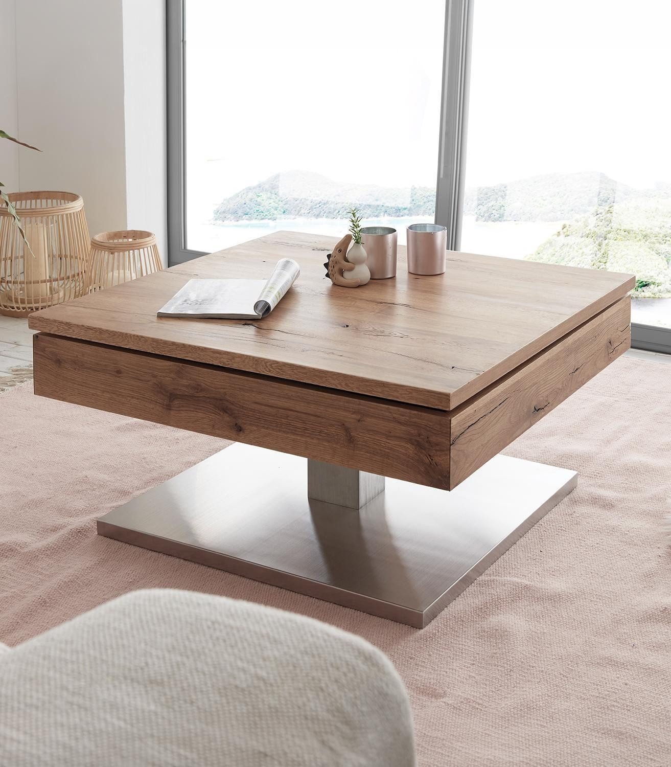 Couchtisch MONROVIA, Braun, Edelstahlfarben, MDF, Asteichenholzfurnier, drehbare Deckelplatte, B 75 x H 83 x T 75 cm