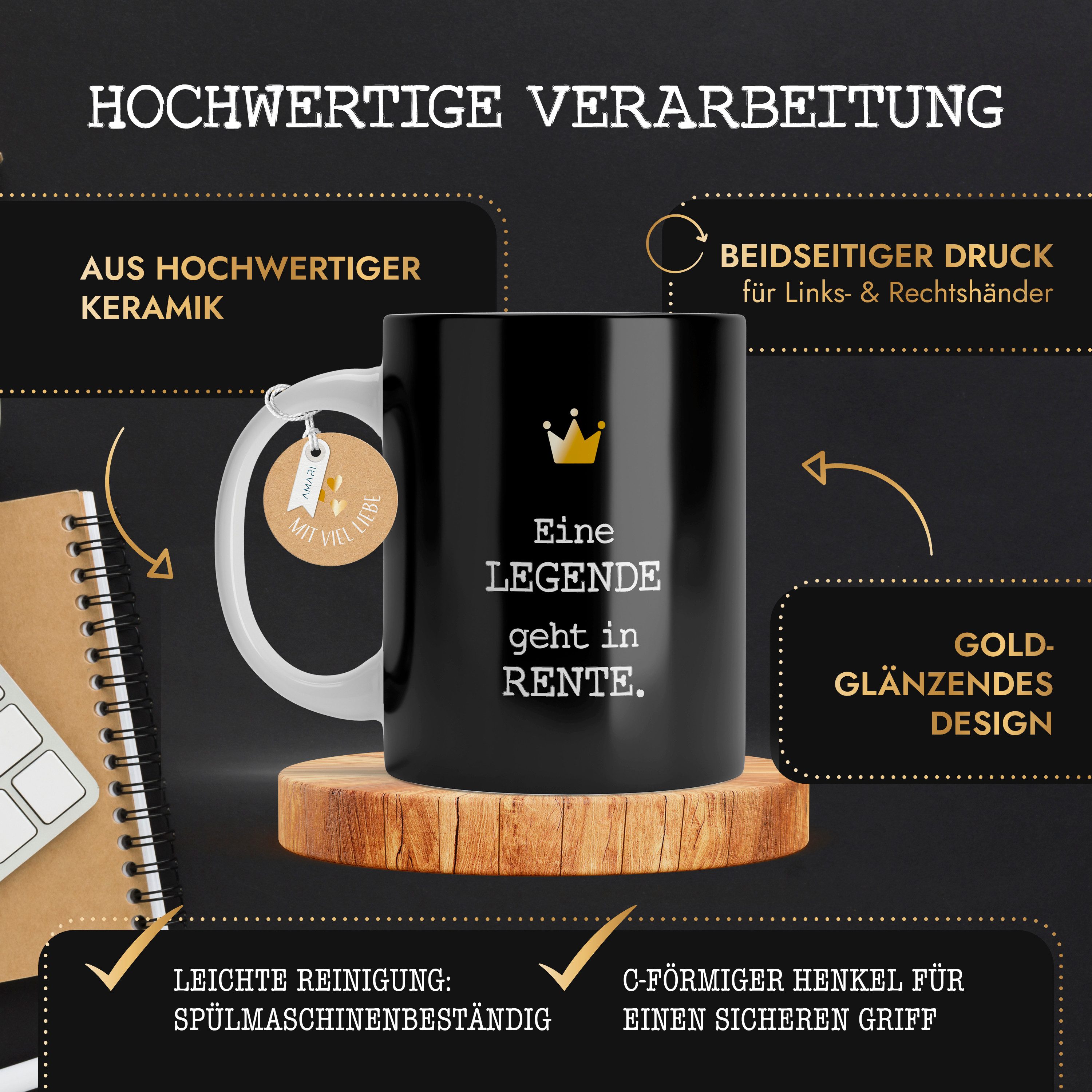 Amari Tasse Rentner Lustiges Geschenk für den Ruhestand Bürotasse, Keramik, hochwertige Goldveredelung, Kaffeetasse, Teetasse, Rente