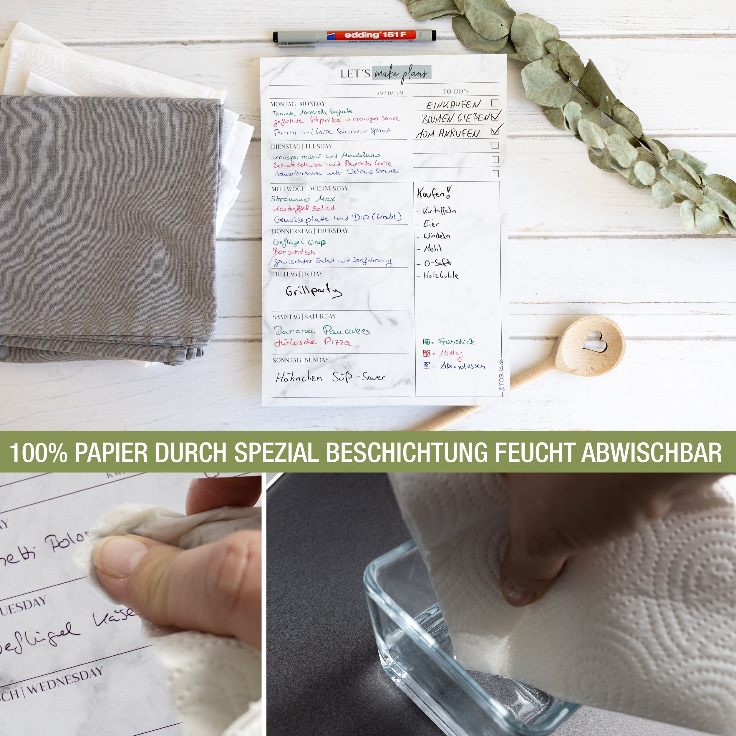 TOBJA Memoboard Menüplaner abwischbar inkl. 4 Stifte, wasserlöslich, Essensplaner abwischbar. Wiederbeschreibbarer Planer – Bild 5 von 5