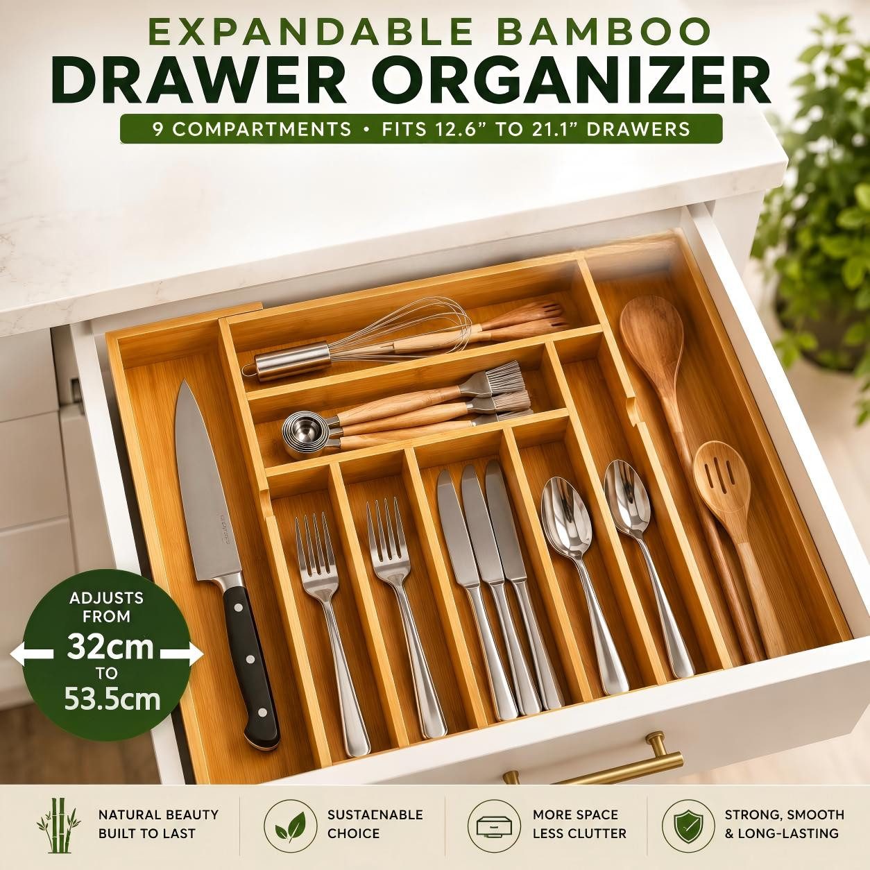 Refined Living Besteckeinsatz Ausziehbarer Besteckkasten Bambus Schubladen Organizer,Besteckeinsatz (Flexibler Besteckeinsatz, ausziehbar von 32 bis 53,5 cm, Besteckeinsatz Schubladen Organizer mit 7–9 Fächern, Besteckhalter, Küchen Organizer für, Schubladeneinsatz Aufbewahrungsbox, Vielseitiger Schubladeneinsatz, 1 St., Platzsparendes, Hochwertiger Bambus mit stabiler Verarbeitung), für Küche,Besteck,Messer,Gabeln,Löffel,Büroartikel,Werkzeuge,Kosmetik