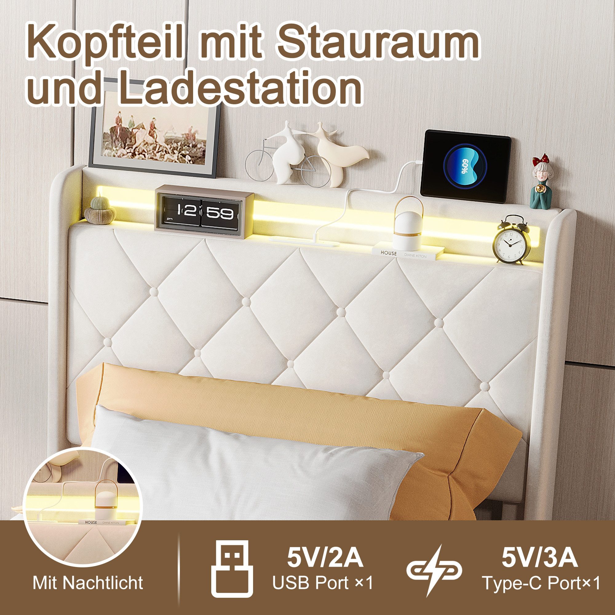 PXloue Polsterbett Led Doppelbett (1-tlg., Modernes Jugendbett, Leises Design Bett, Samtmaterial Polsterbett), Mit LED-Beleuchtung und Ladefunktion, Belastbarke – Bild 5 von 5