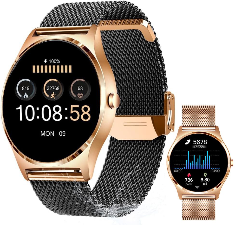 XCOAST JOLI Damen Smartwatch (3,9 cm) eleganter Damen Fitnesstracker, neueste Generation, 1-tlg., milanaise Edelstahlarmband mit Schnellwechselfunktion, MIT ZUSÄTZLICHEM GRATISARMBAND (Rosegold), Wasserdicht