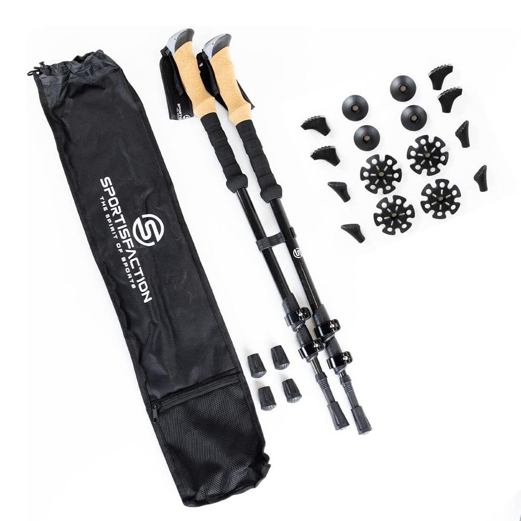 Sportisfaction Wanderstöcke Carbon Wanderstöcke Ultraleicht 260g Teleskop Trekkingstöcke 63-140cm, Ergo-Korkgriff Inkl. 5 Paar Aufsätze & Tasche Metall-Clip Verschluss