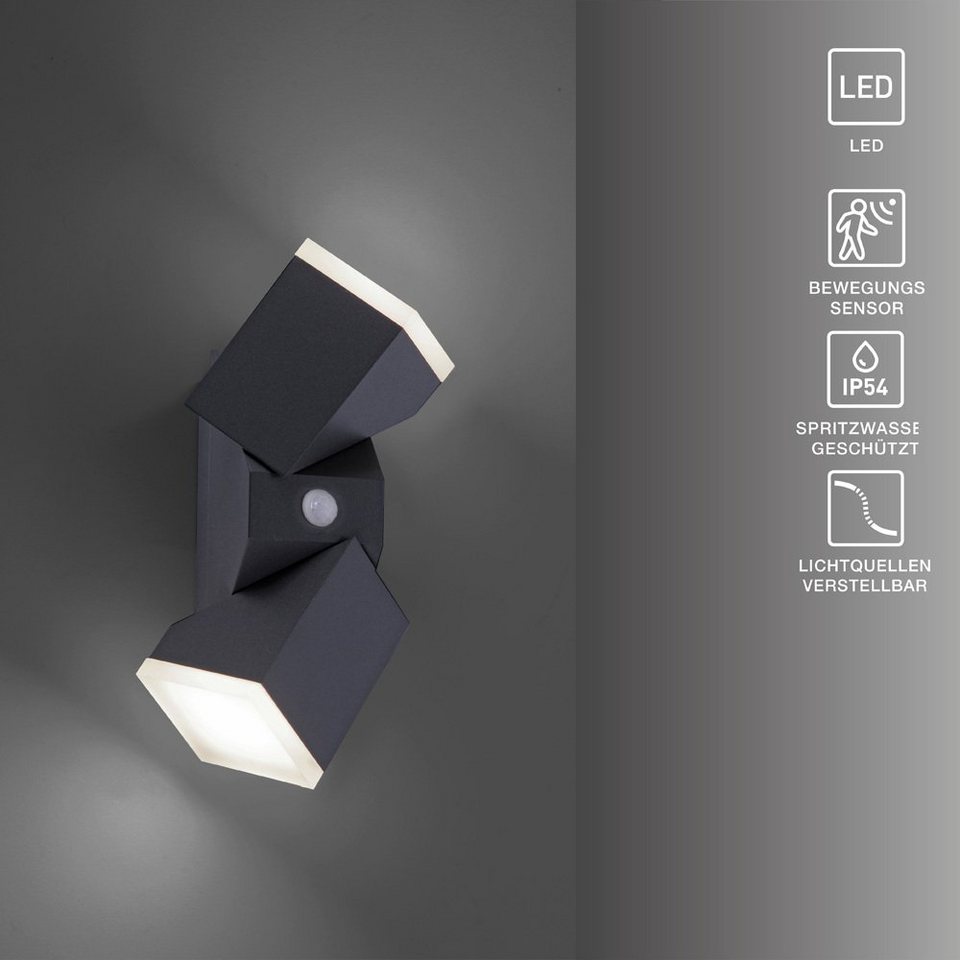 SellTec LED Außen-Wandleuchte Außen-Wandleuchte Ryan Sensor, wetterfest, LED,  warmweiß, Bewegungsmelder grau schwenkbare Spotköpfe Fassade