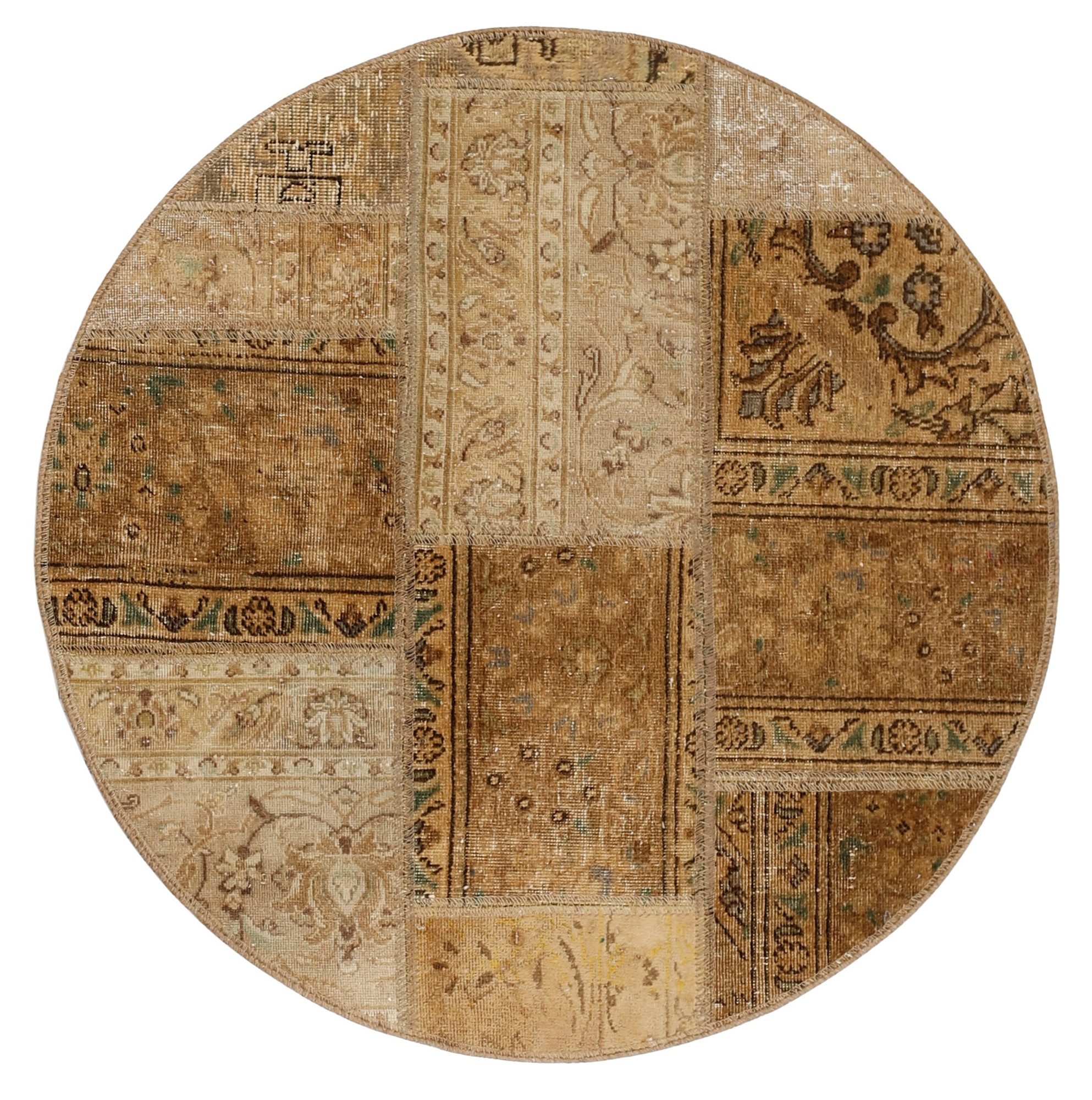 Wohnando Teppich MY-RUG Vintage Patch Work Floral & Ornamentiert 100x100cm, Rund, Höhe: 10 mm, Handgeknüpfter Teppich,Handgesponnene Wolle, mit Naturfarben gegärbt