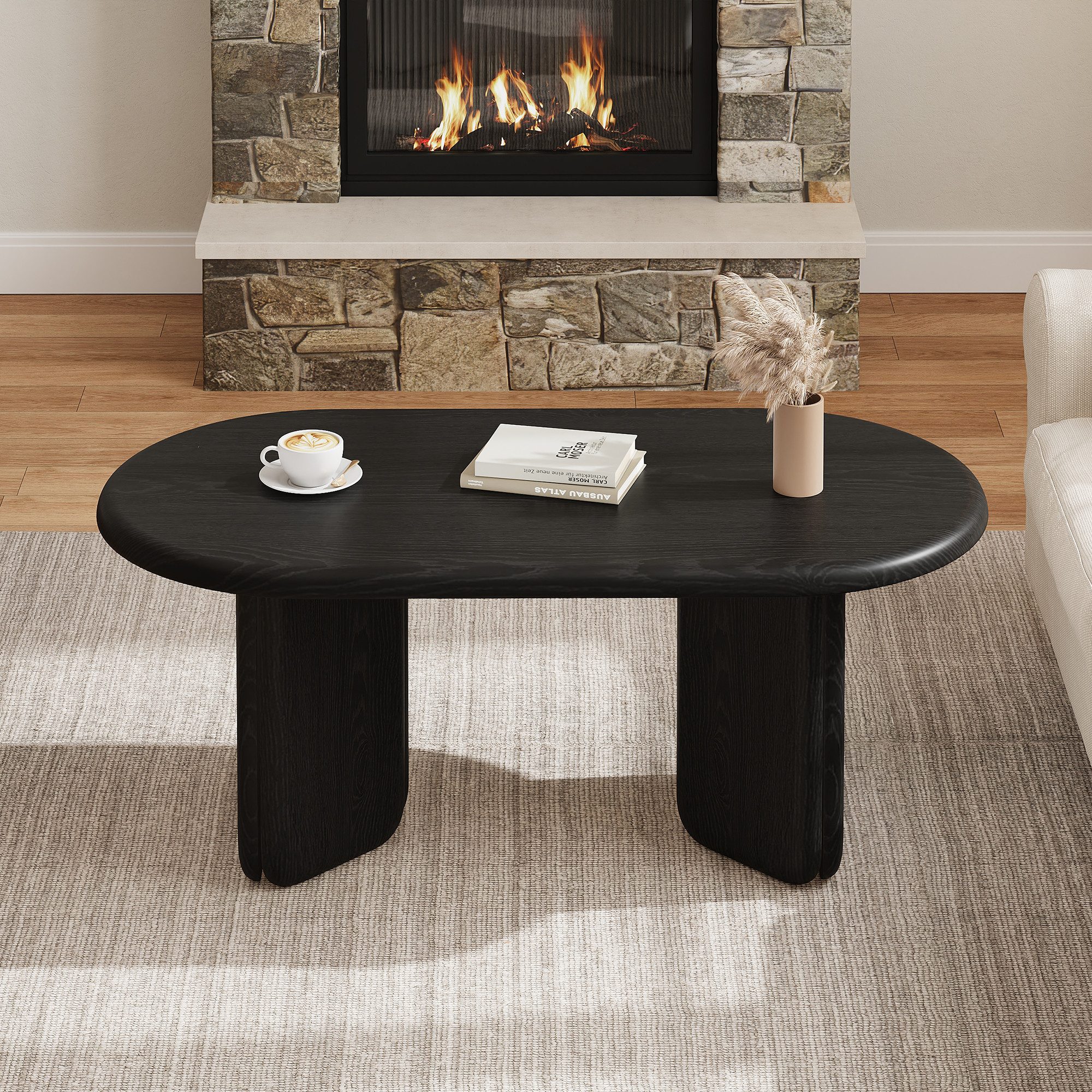 Merax Couchtisch Ovaler Sofatisch Salontisch mit dekorativen abgerundeten Beinen (1-St), Retro Beistelltisch in Schwarz-Optik, Wohnzimmertisch 99×50×40cm – Bild 2 von 5