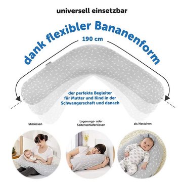 Theraline Stillkissen Das Original - Leaves - Grau, 2-tlg., Schwangerschaftskissen, Seitenschläferkissen 190 cm Bezug: Baumwolle