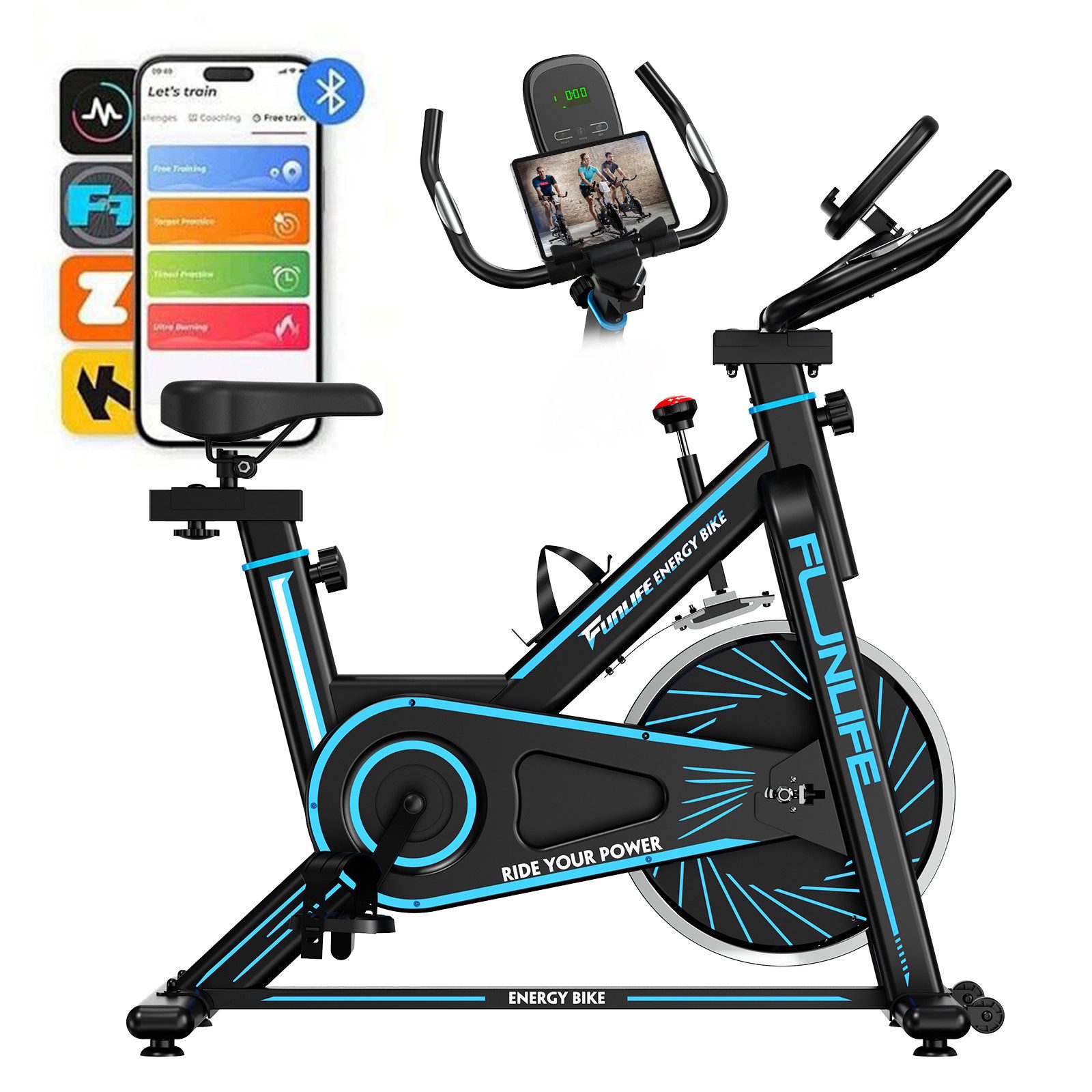 FunLife Heimtrainer Smart Indoor Bike mit App-Training (Einzelgerät, Cardio Training Zuhause), Bluetooth-App · leiser Riemenantrieb · bis 120 kg
