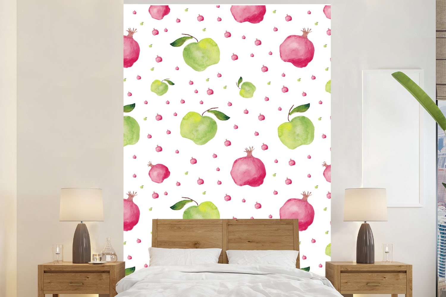 MuchoWow Fototapete Apfel - Granatapfel - Aquarellfarbe - Design, Matt, bedruckt, (3 St), Montagefertig Vinyl Tapete für Wohnzimmer, Wandtapete | Fototapeten