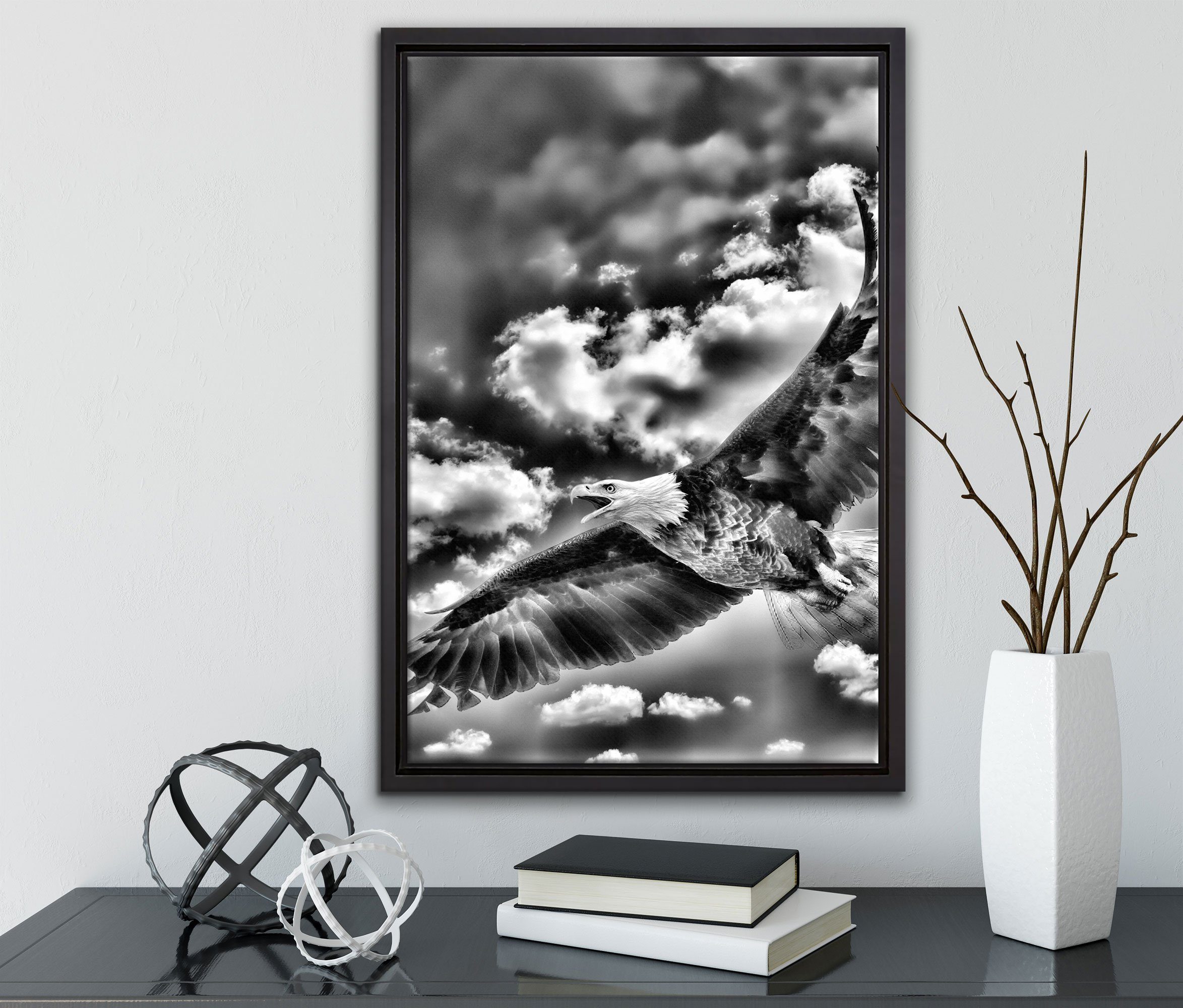 gefasst, (1 bespannt, St), Pixxprint Berge, fertig fliegt Schattenfugen-Bilderrahmen über einem Zackenaufhänger Leinwandbild in Adler Leinwandbild Wanddekoration inkl.