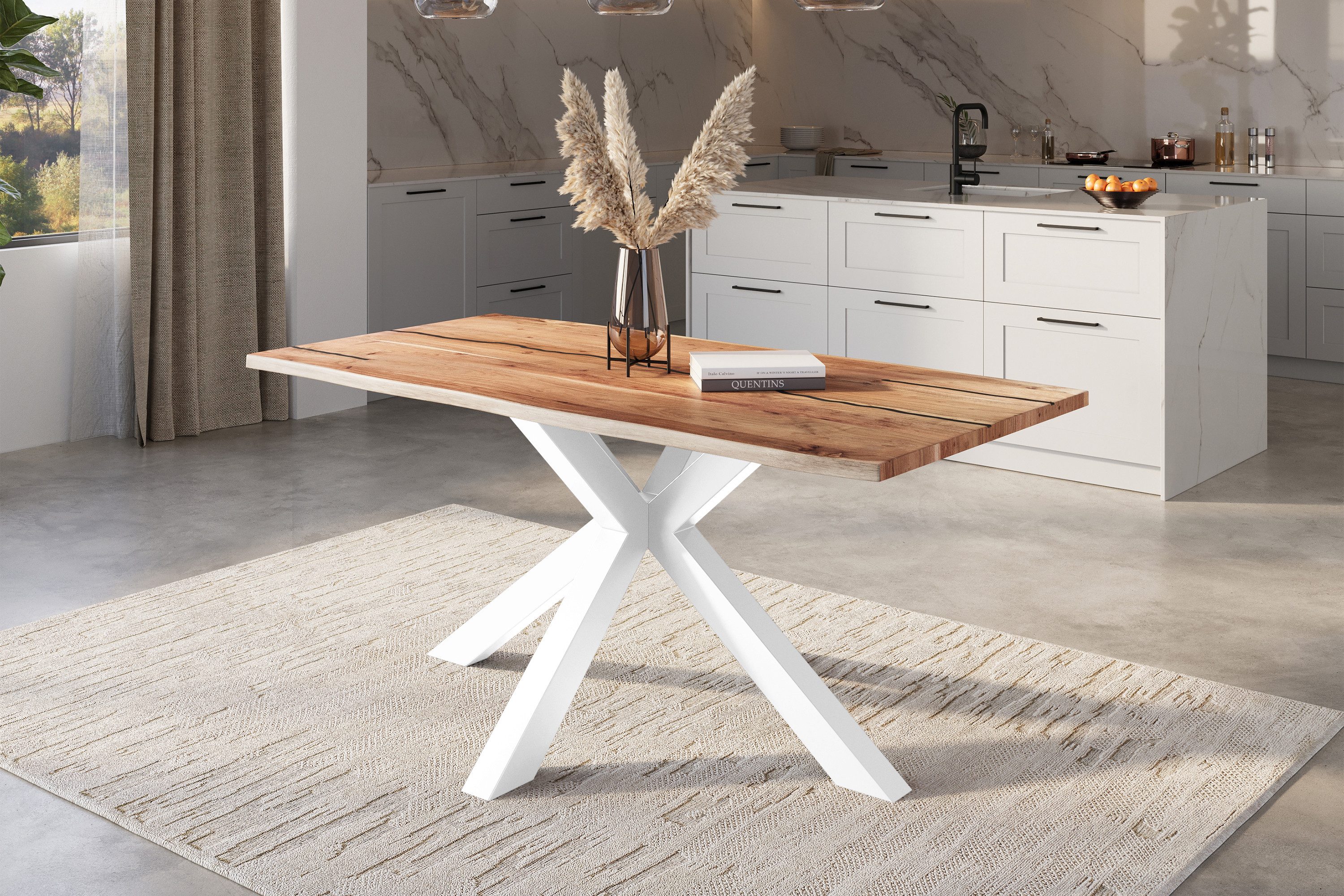 SAM® Baumkantentisch Daisy, Akazienholz, Baumkante, schwarze Resin-Adern, Metallgestell