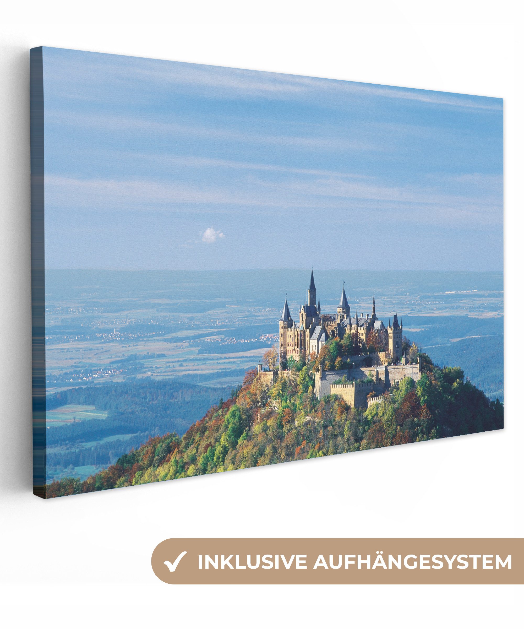 OneMillionCanvasses® Leinwandbild Ein strahlend blauer Himmel auf der Burg Hohenzollern, Fotodruck (1 St), Leinwand Bilder Klein, Wand Dekoration Aesthetic 30x20 cm