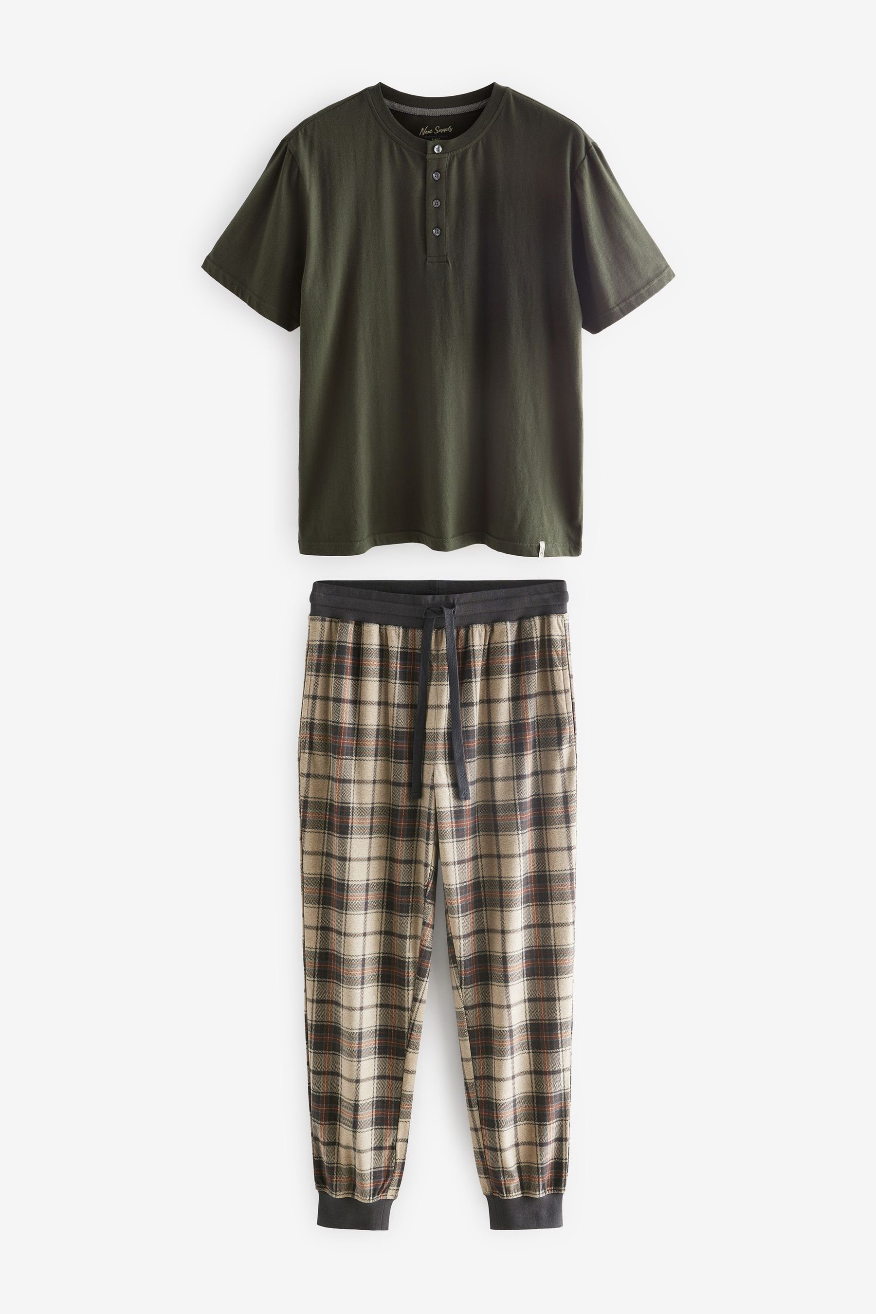 Next Pyjama MotionFlex Kuscheliger Schlafanzug mit Bündchen (2 tlg) Khaki Green/Neutral Check