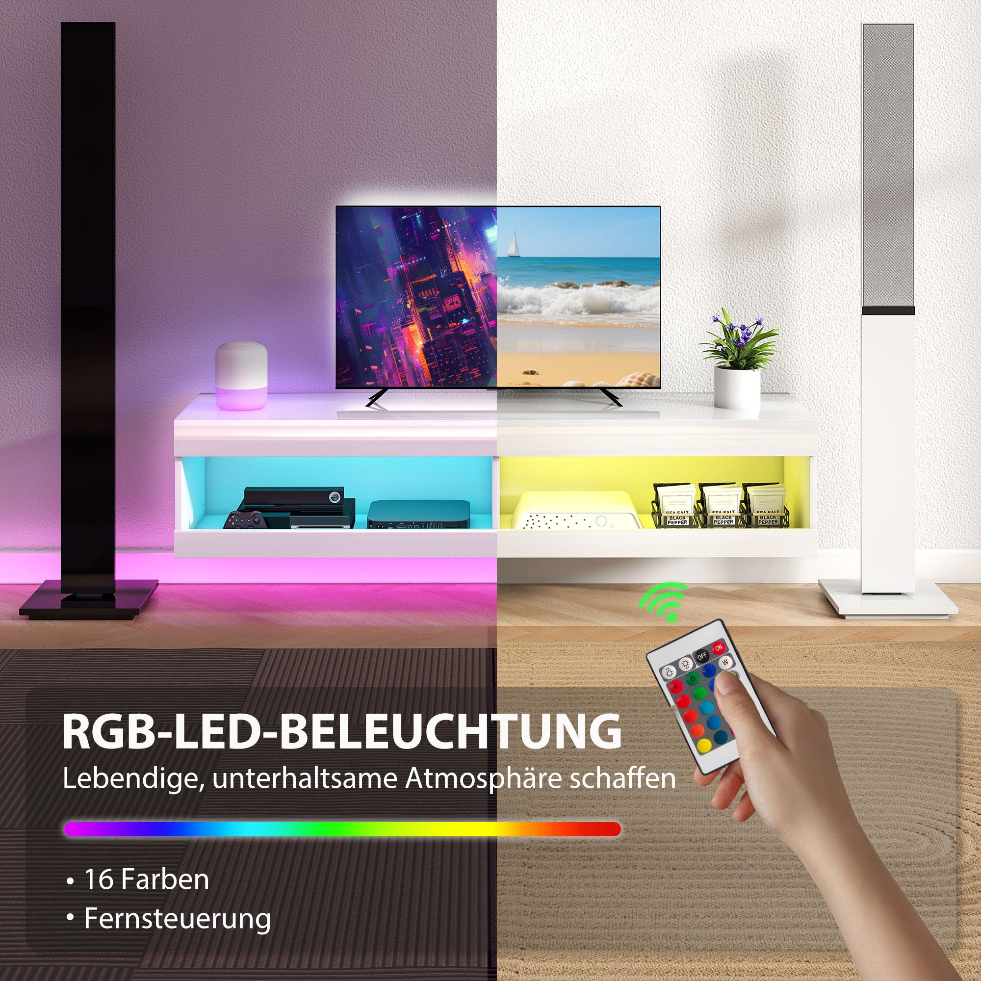 HOMCOM TV-Board mit RGB LED-Beleuchtung (16 Farben) (Hängender TV Schrank, 1 St., TV Lowboard), mit offenen Stauraum, für 55-60 Zoll Fernseher, Hochglanzweiß – Bild 4 von 5