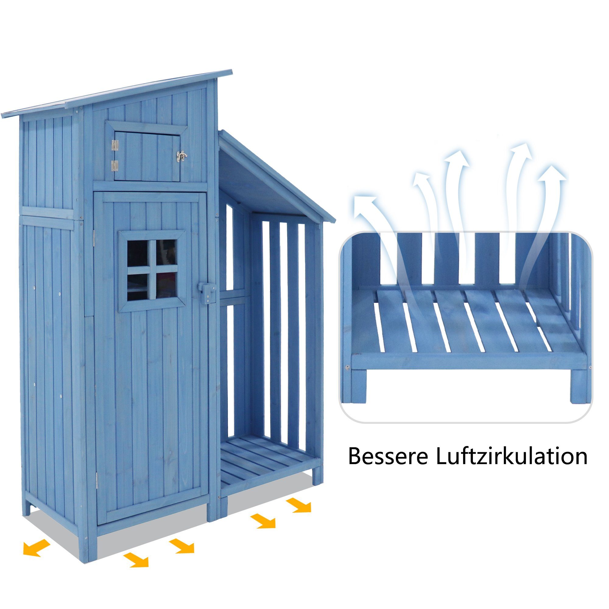 OKWISH Geräteschrank Outdoor-Schrank Werkzeugschrank (Geräteschuppen (124*53*174cm blau) mit 2 Ablagen) pvc dach Tannenholz Himmelblau, UV-lichtbeständig