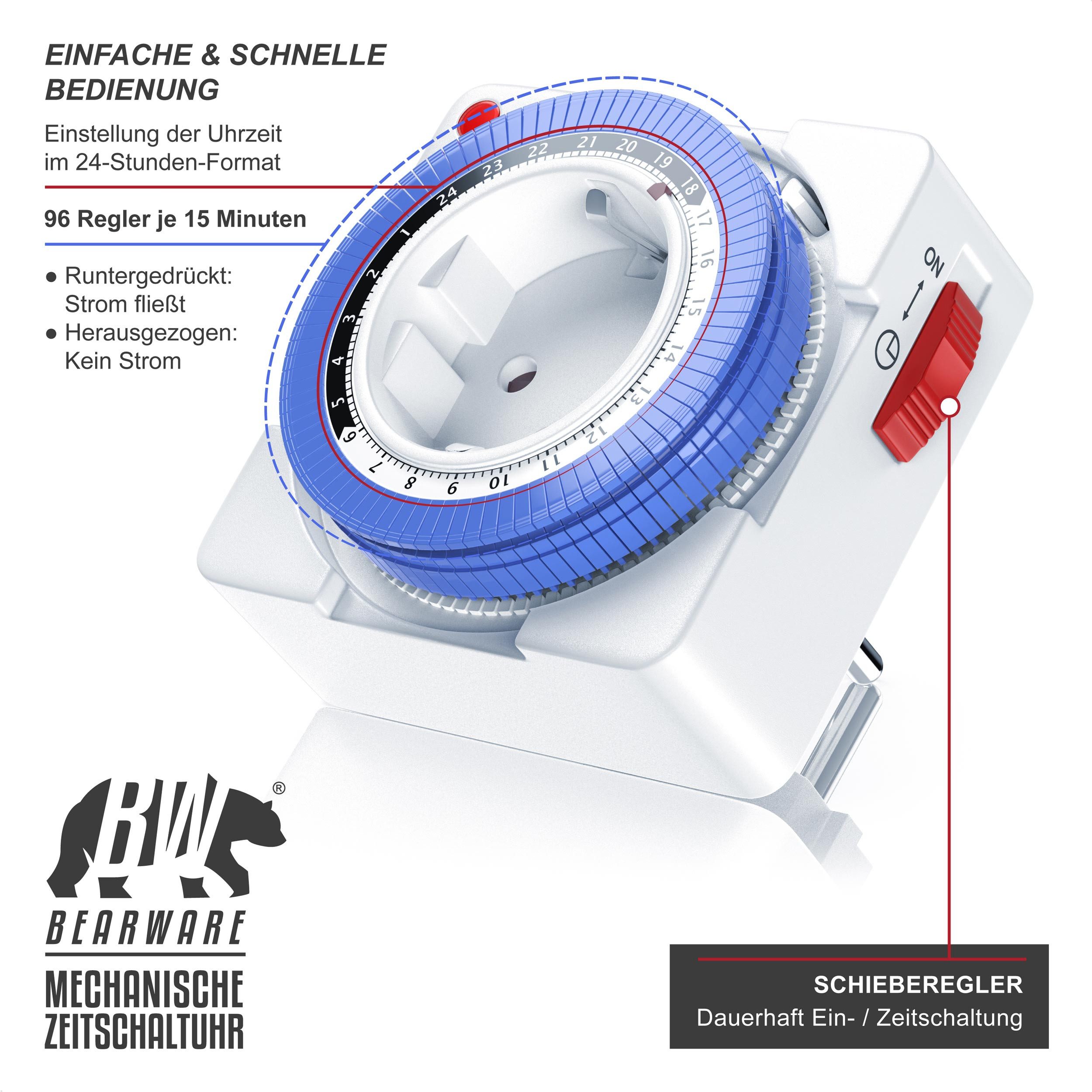 BEARWARE Zeitschaltuhr 24h, kompakt, 15 min. Zeitintervalle, Kinderschutzsicherung, mechanisch, 2-St., Schieberegler für Zeitangabe, 3680W, integrierter Berührungsschutz