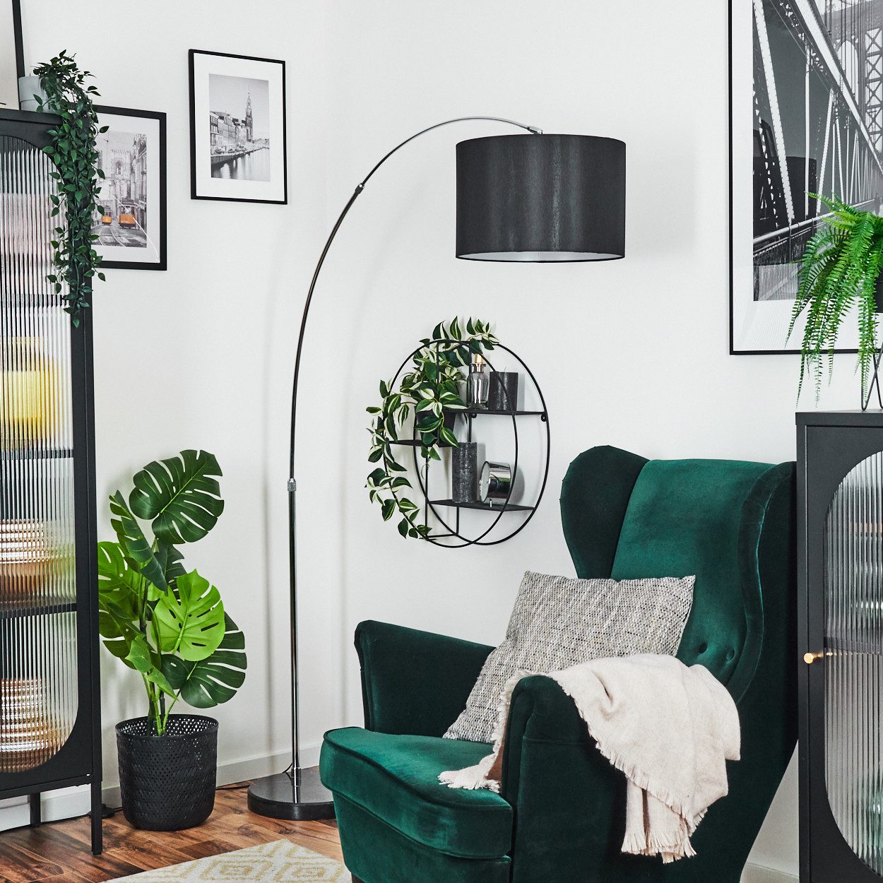 hofstein Bogenlampe Stehlampe mit Marmorfuß aus Metall/Stoff in Schwarz/Chromfarben/Weiß, verstellbare Stehleuchte im modernen Design mit Fußschalter, E27