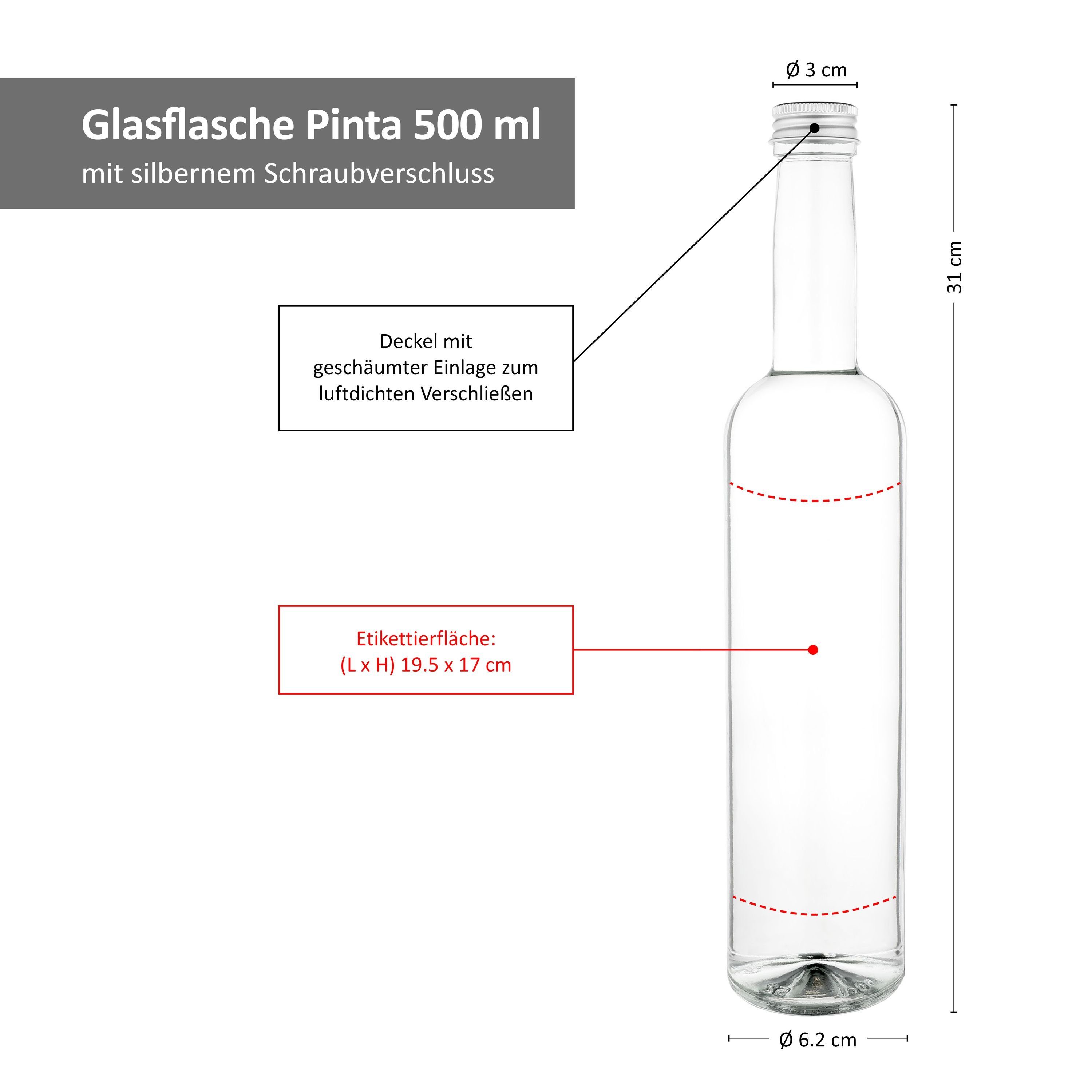 Glasflasche Glas 12er 500ml + Silber, Set Pinta MamboCat Schraubverschluss Vorratsglas Deckel