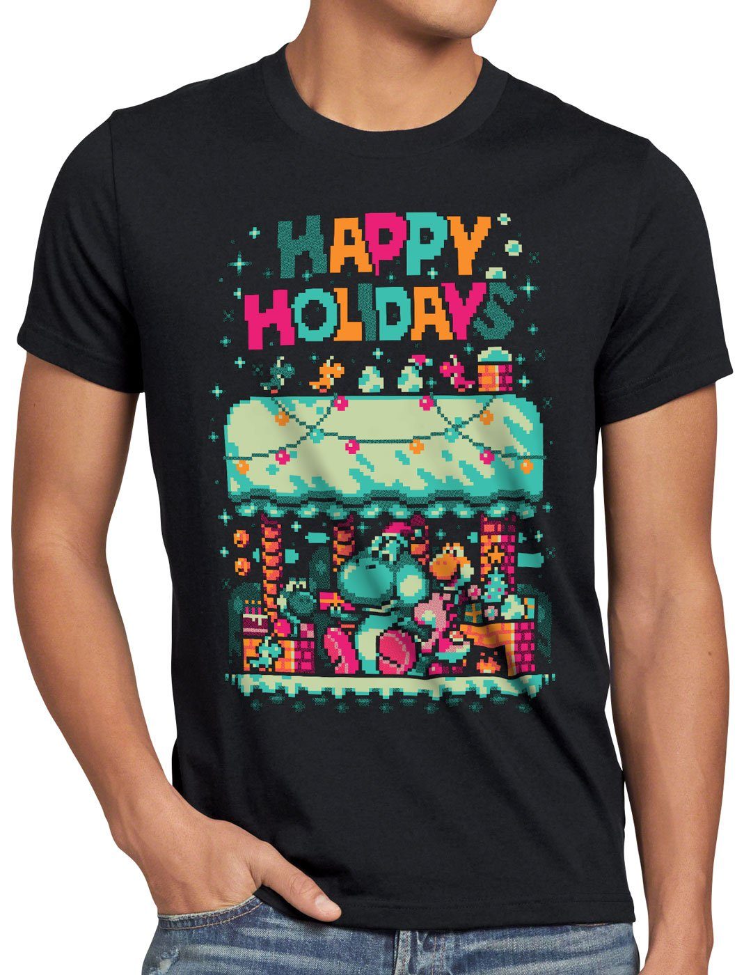 style3 Print-Shirt Herren T-Shirt Happy Holidays Sweater 16Bit xmas pulli weihnachtsbaum