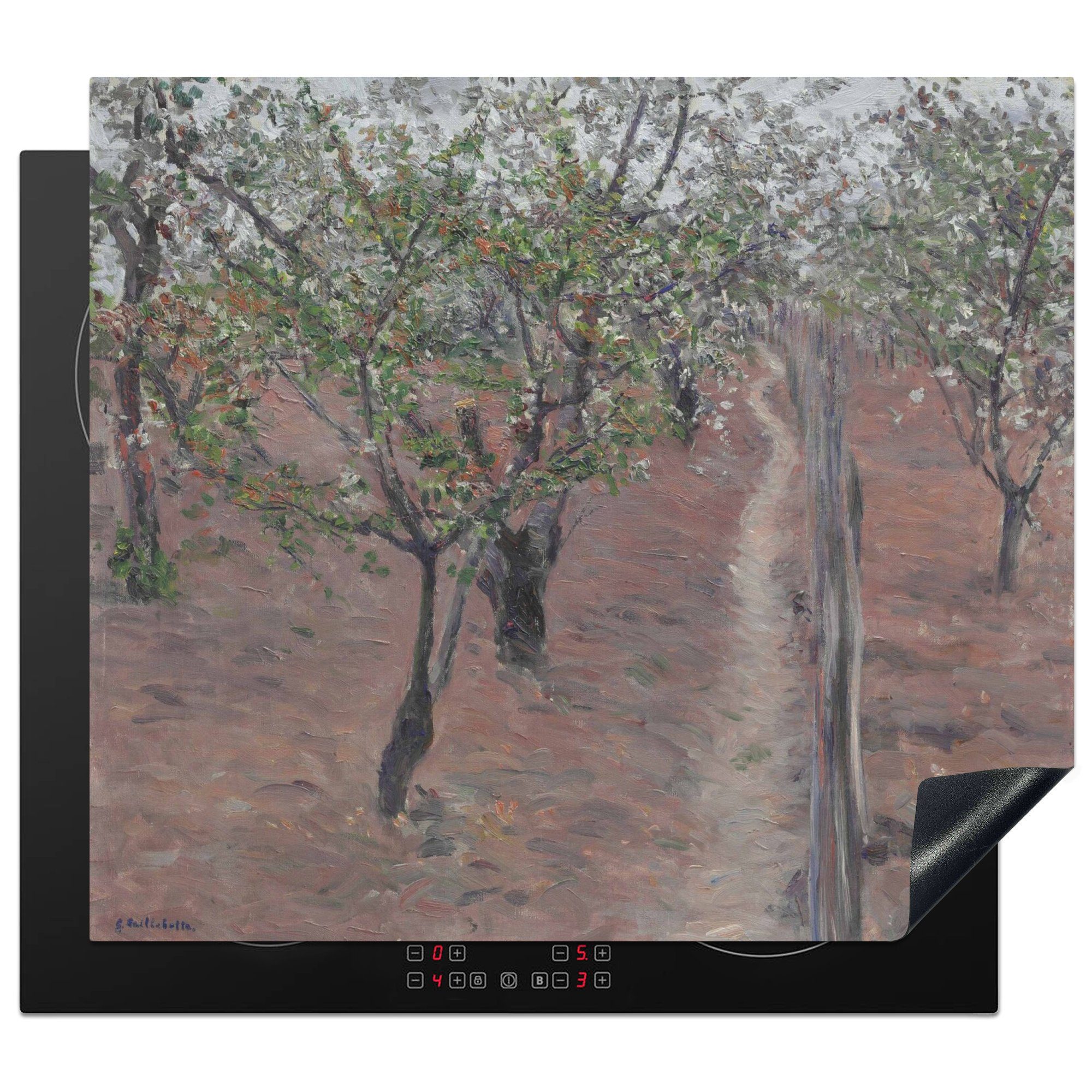 MuchoWow Herdblende-/Abdeckplatte Obstgarten mit blühenden Bäumen - Gemälde von Gustave Caillebotte, Vinyl, (1 tlg), 60x52 cm, Mobile Arbeitsfläche nutzbar, Ceranfeldabdeckung