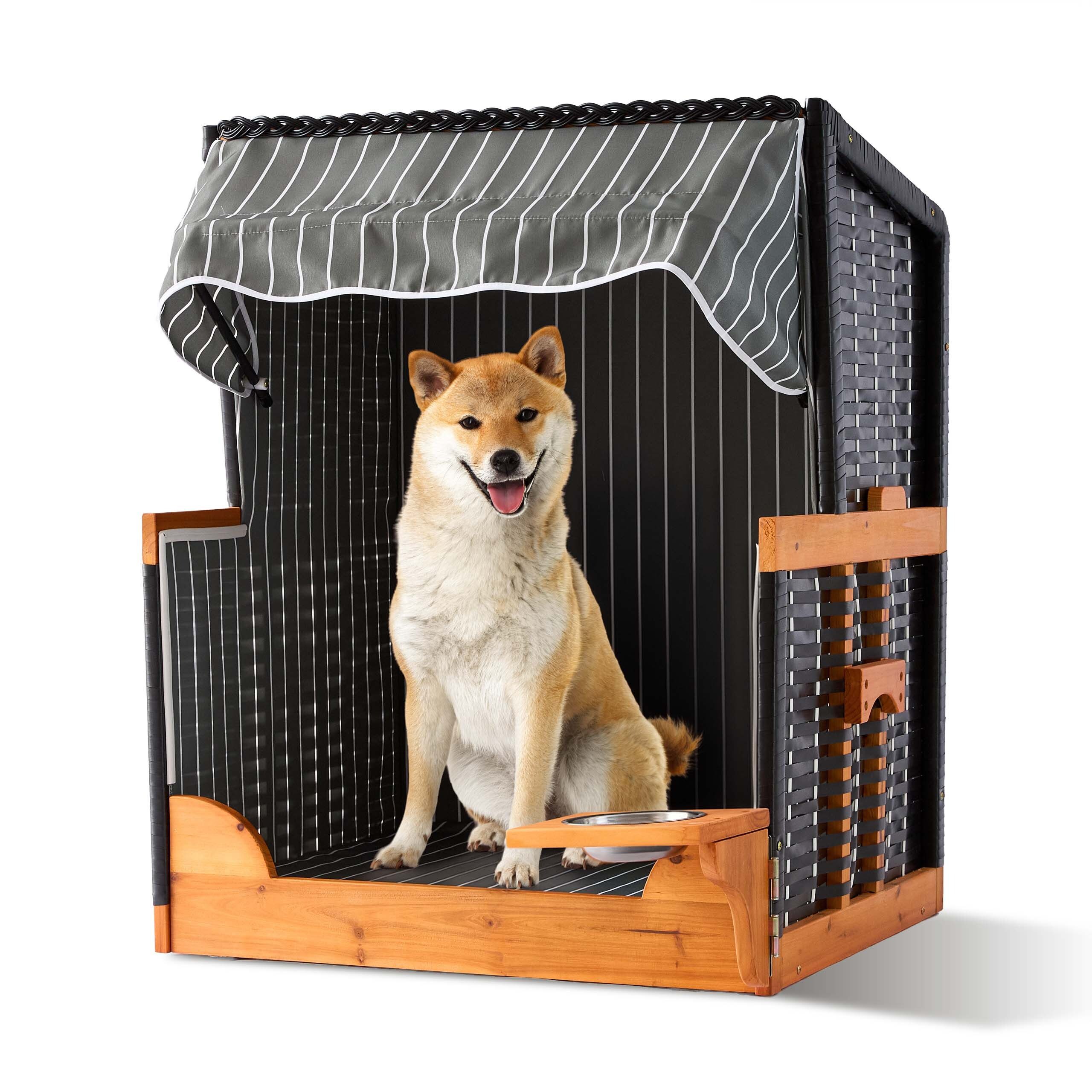 relaxdays Haustierstrandkorb Hundestrandkorb Holz & Rattan inkl. Napf, BxTxH: 75x65x95 cm, A