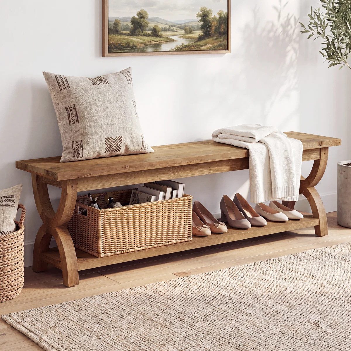 Tribesigns Bank Eingangs‑ und Schuhbank 160 cm Massivholz rustikal mit Ablage