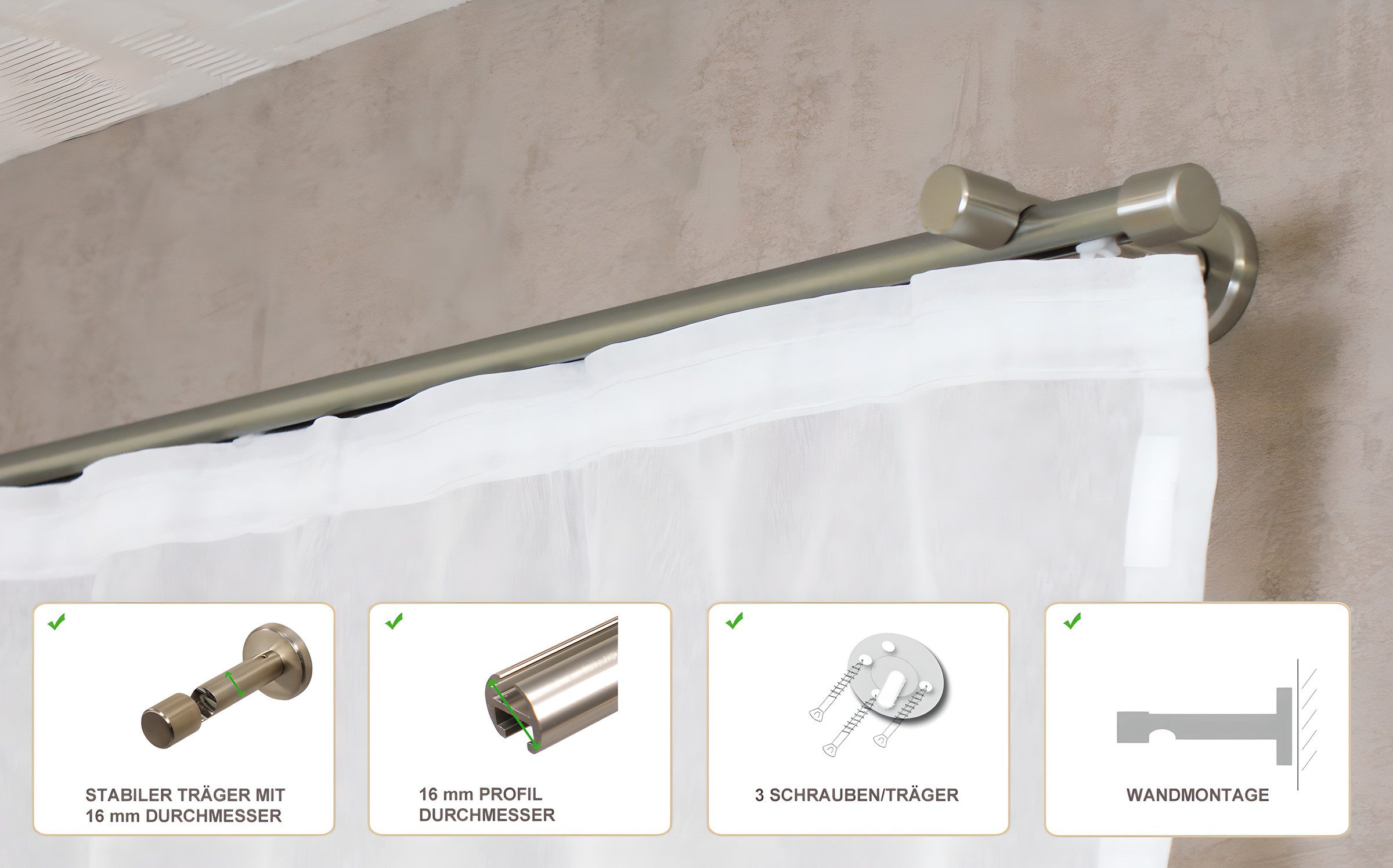 iso-design Gardinenstange Innenlauf 16 mm Farbe Edelstahl Wandabstand 7 cm Endstück Kappe, Ø 16 mm, 1-läufig, Fixmaß, mit Bohren, Aluminium, Innenlaufprofil mit Metallsäge kürzbar
