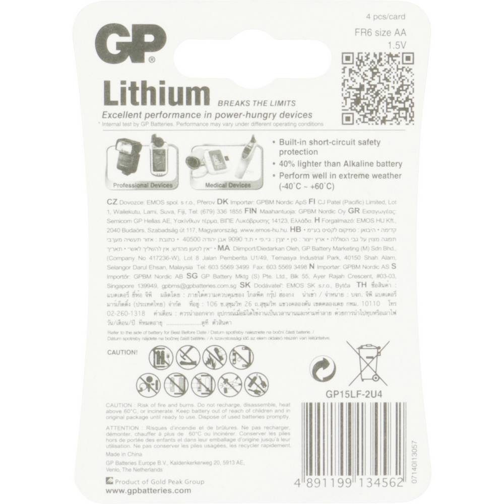 Gp Lithium Batterie AA Mignon (AA Lithium / FR06 / R6 / 15LF GP15LF562C4 Batterie