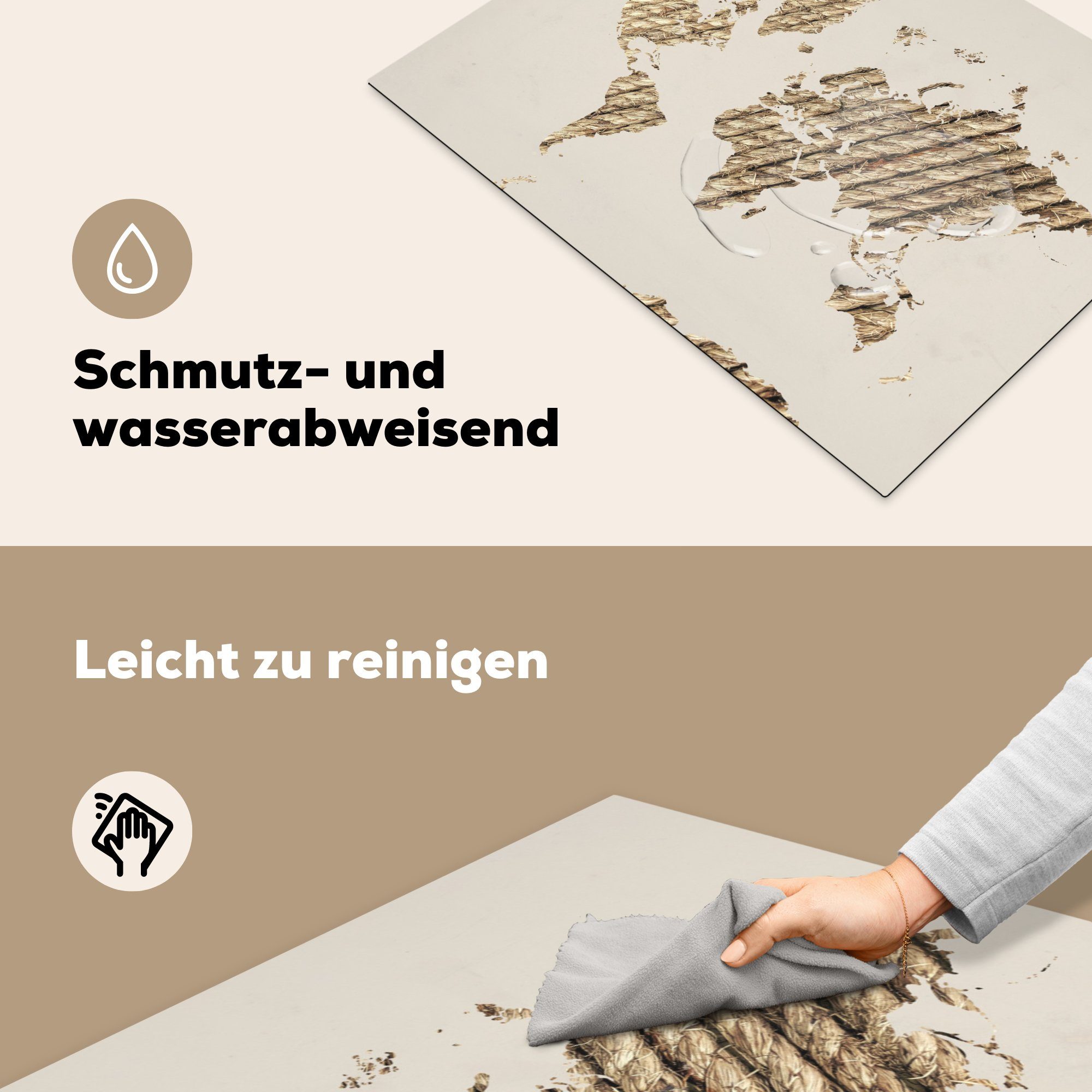 Beige, tlg), Induktionskochfeld Weltkarte Seil für MuchoWow Vinyl, Ceranfeldabdeckung Schutz 71x52 die (1 Herdblende-/Abdeckplatte küche, - - cm,