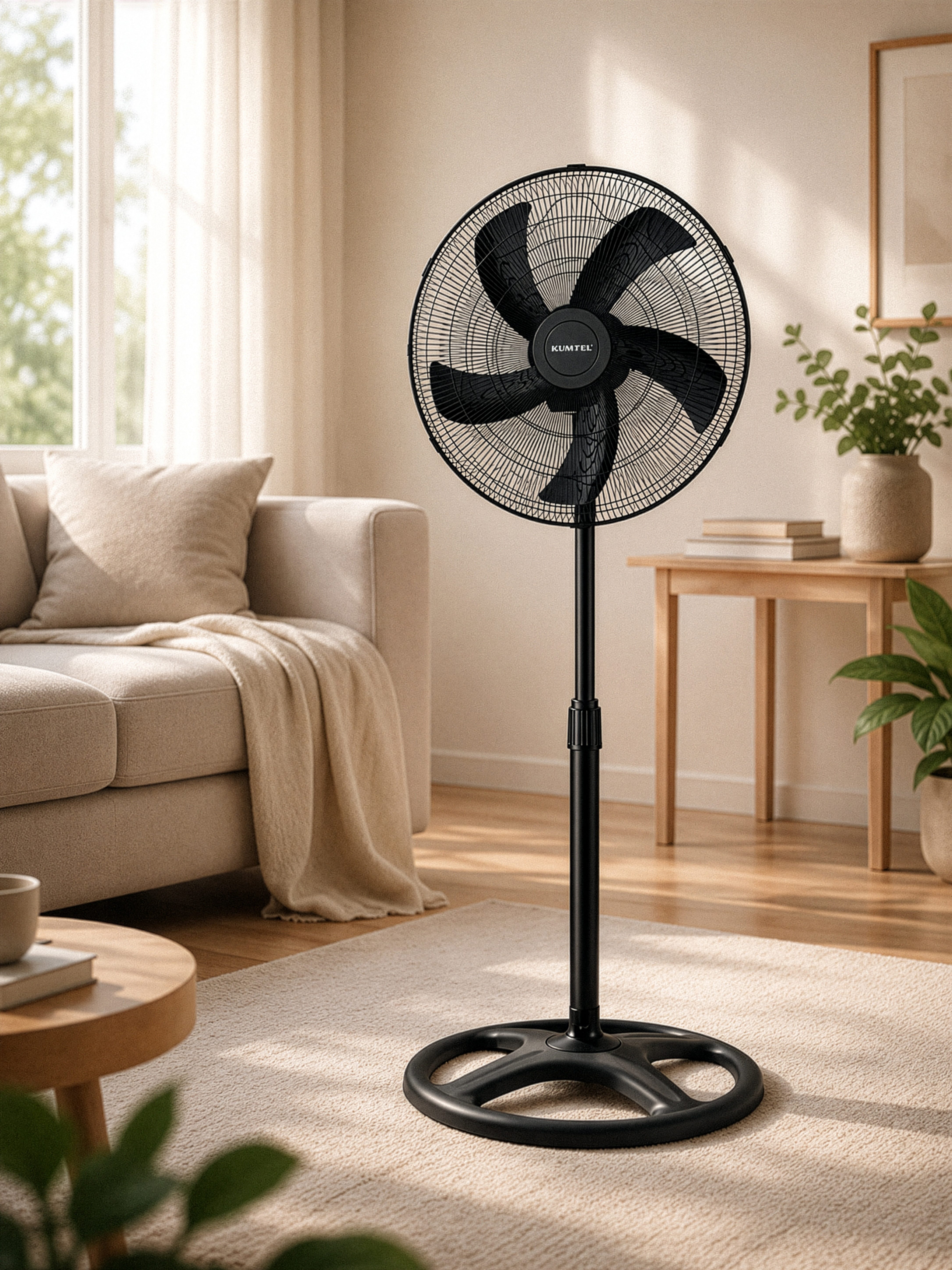 KUMTEL Standventilator, 50 cm Durchmesser, 60 W, 3- Blatt - Rotor, 70° Oszillation, Höhenverstellbar