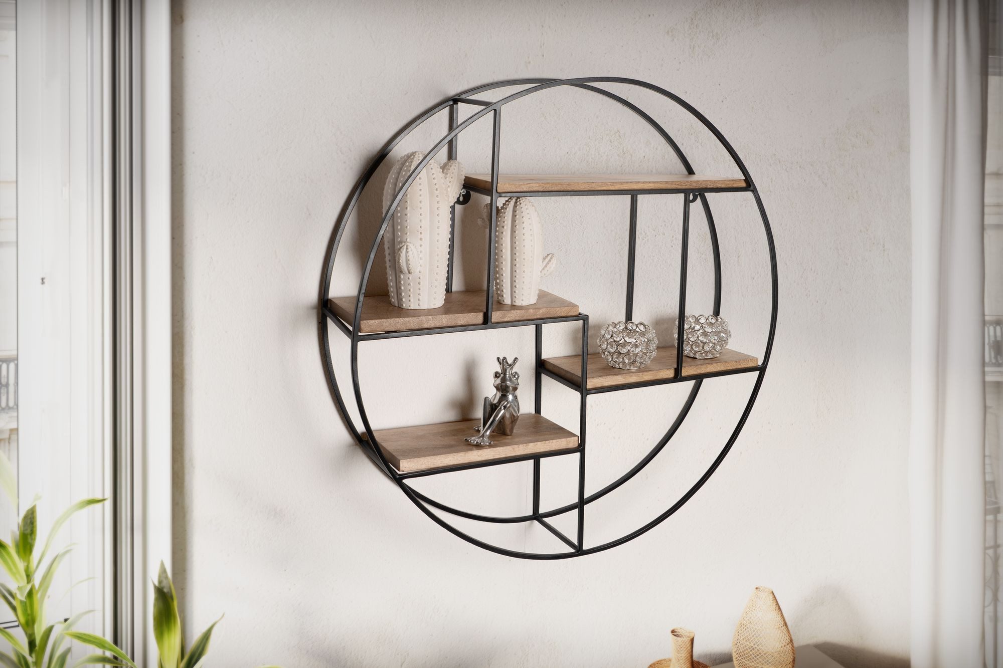 FINEBUY Wandregal FB92220 Hängeregal Holz Metall 70x70x18cm Hängeregal Regal Rund, 70x70x18 cm Mango Massivholz / Metall Hängeregal, Schweberegal Rund, Regal Hängend Industrial