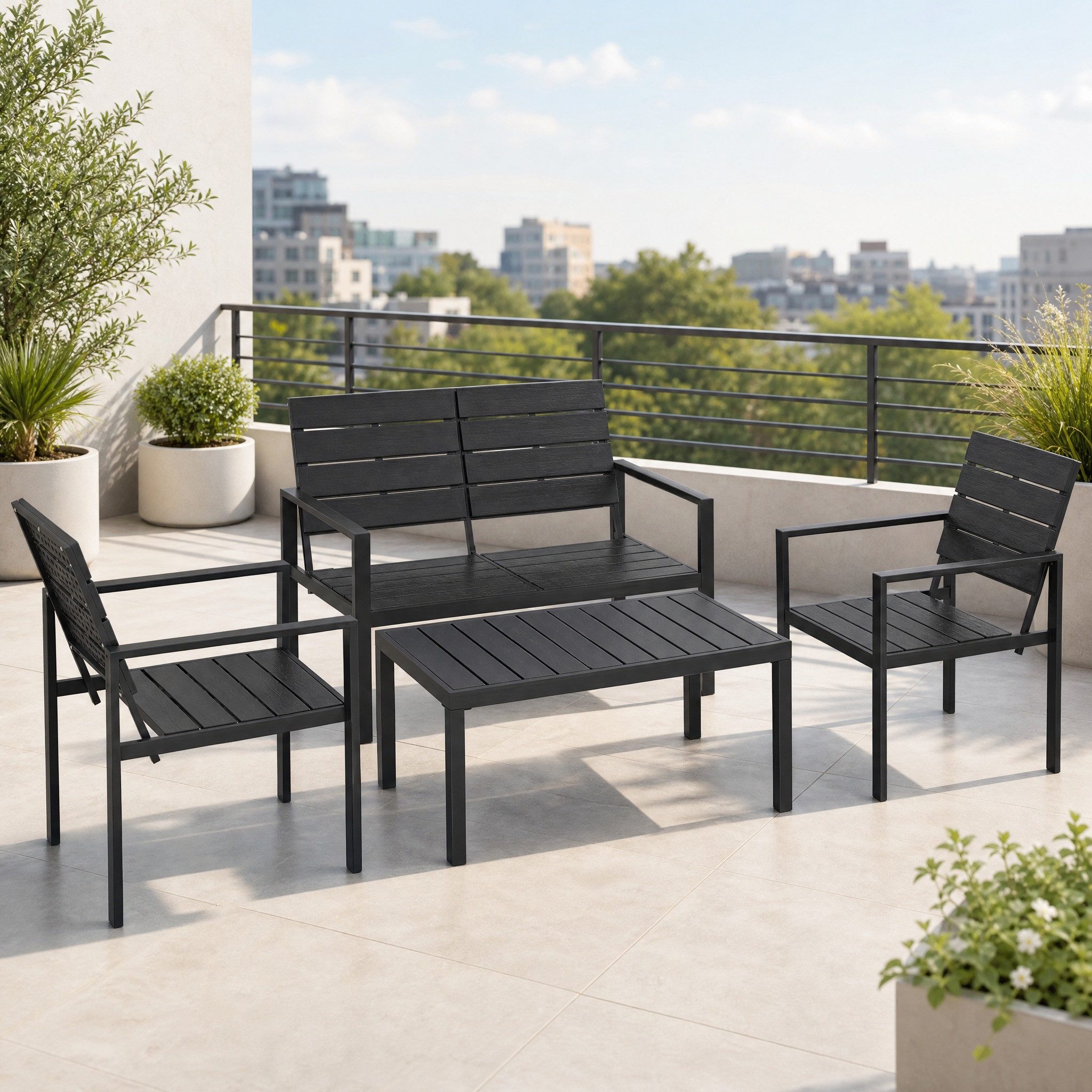 MODFU Sitzgruppe Schwarze Gartenlounge Sitzgruppe im Lamellendesign für vier Personen, (Set, 4-tlg., Komfortable Gartenmöbel für Terrasse, Balkon und Außenbereich), Set besteht aus 2er-Sofa, 2 Einzelsesseln und passendem Beistelltisch