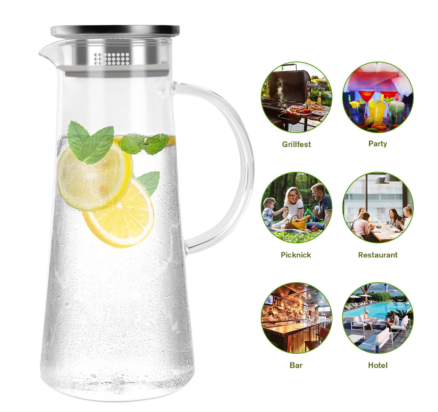 ElitVita Wasserkaraffe 1,5L Glaskaraffe, mit Edelstahldeckel, Griffen, Filter, -30°C~150°C, (1-tlg), Karaffe für heißes/kaltes Wasser Eistee Saft Getränke Wein