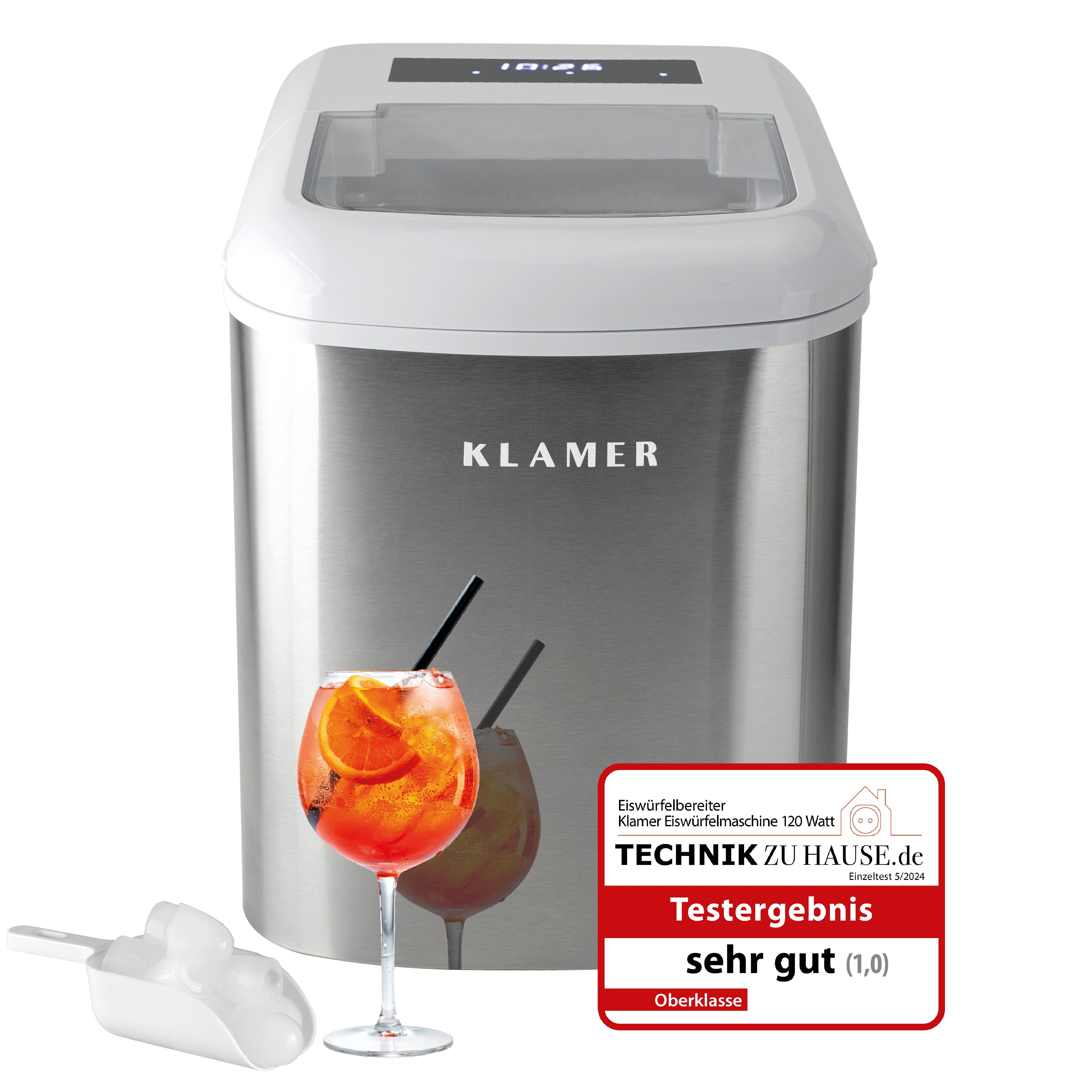 KLAMER Eiswürfelmaschine 15kg/24h, 10 Eiswürfel in 7–9 Min, 2,1L Wassertank, 120W Ice Maker, 2…, 120W, 2,1L Wassertank, Signallampe, Auto-Reinigung, mit Eisschaufel