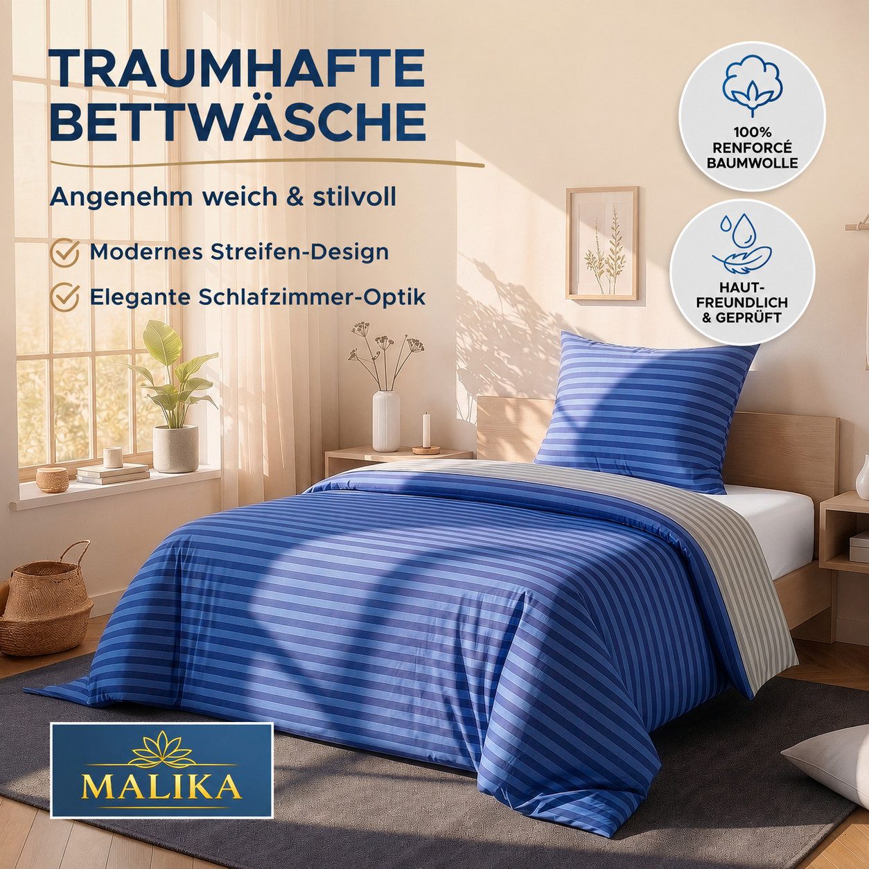 Malika Bettwäsche 135x200 + 80x80 cm atmungsaktiver Baummwoll Renforce Bettbezug, Renforce Baumwolle, 2 teilig, Für Allergiker geeignet, pflegeleicht, angenehm weicher Stoff
