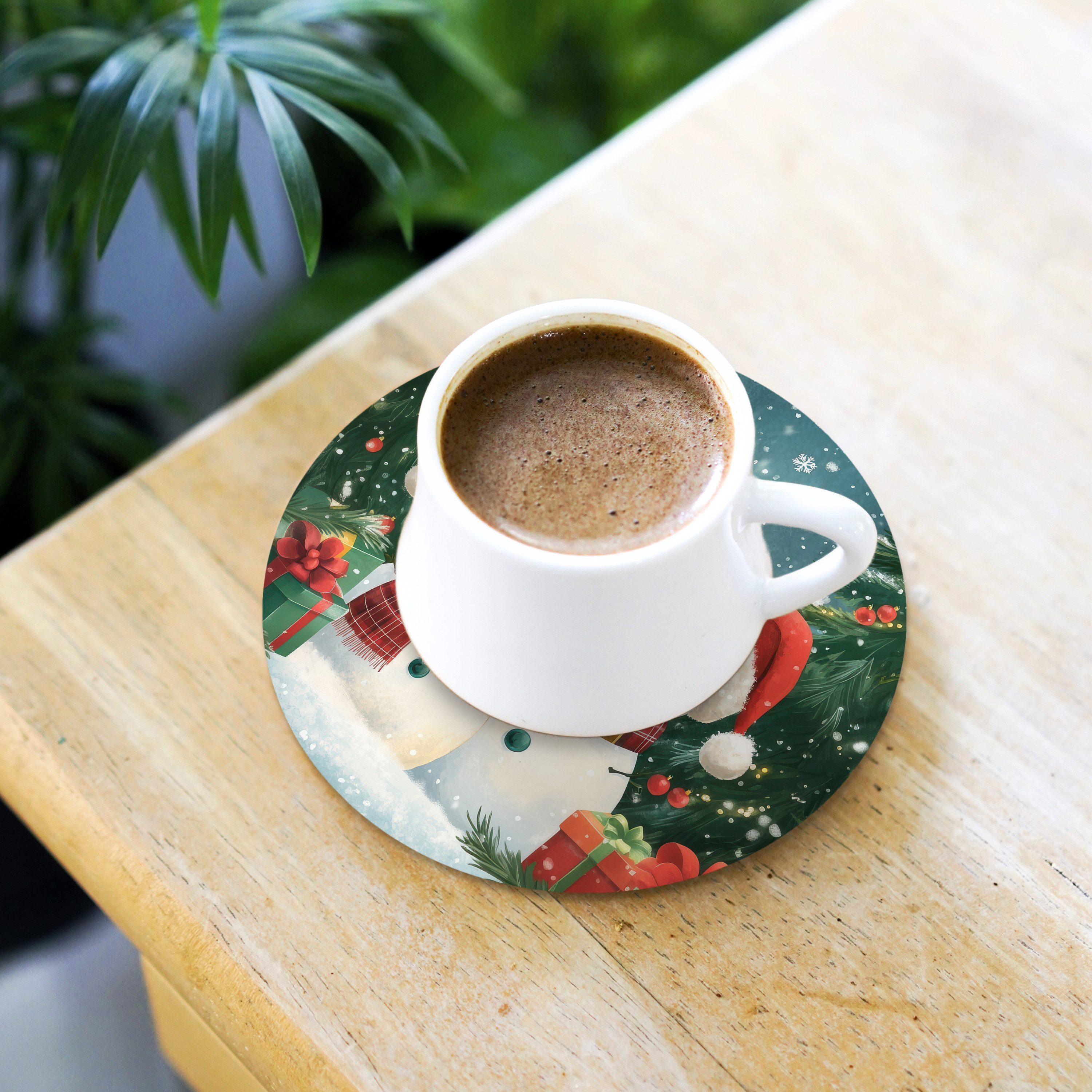 MuchoWow Glasuntersetzer Schneemann - Weihnachtsschnee - Grün - Rot, Zubehör für Gläser, 6-tlg., Getränkeuntersetzer, Rund, Tassenuntersetzer Kork, 10x10 cm