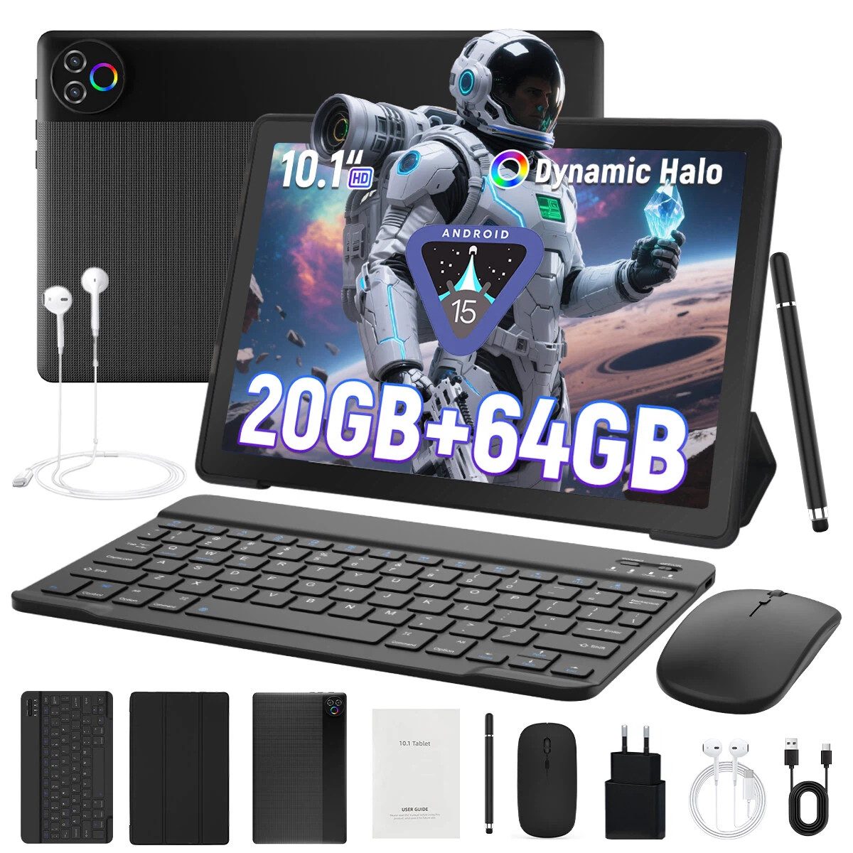 BUFO 10,1'' Android 15 5-Kern-Prozessor 64GB mit Tastatur Stift Maus Hülle Tablet (10", 64 GB, Android, WiFI 6, HD IPS, 20(3+17)GB RAM, mit Tastatur/Stift/Maus/Hülle/Kopfhörer)