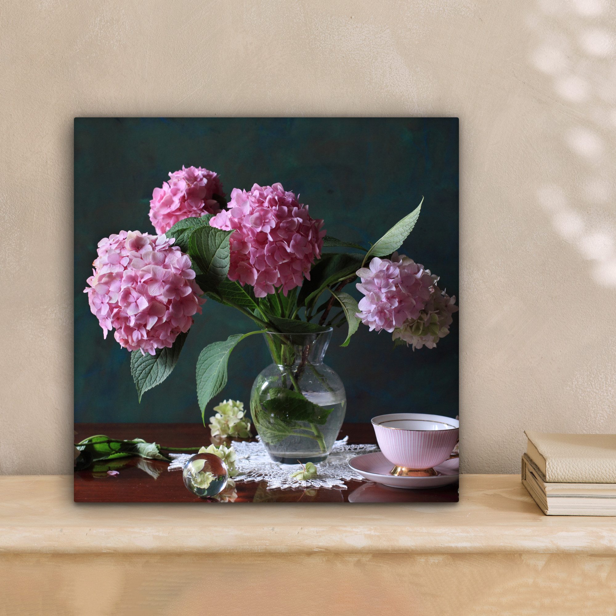 OneMillionCanvasses® Leinwandbild Vase mit Hortensien, Fotodruck (1 St), Wandbild, Deko Schlafzimmer Wohnzimmer Flur 20x20 cm