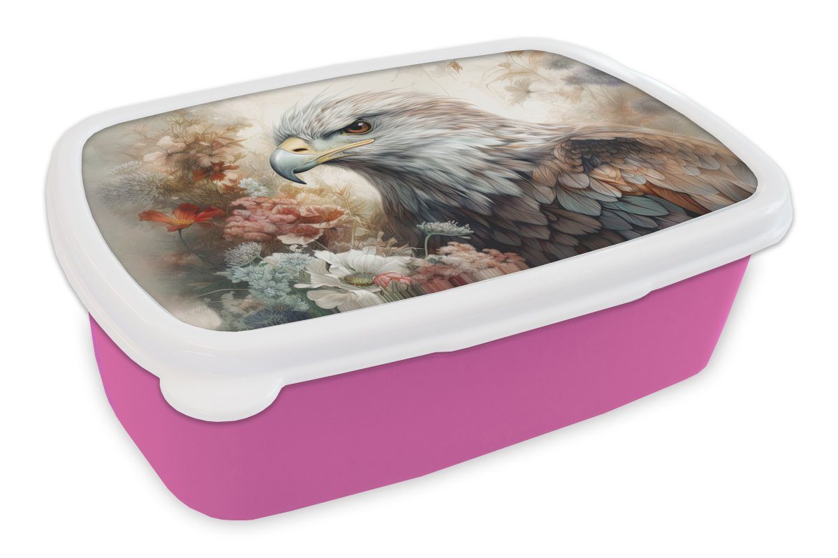 MuchoWow Lunchbox Adler - Adler - Vogel - Blumen - Natur, Kunststoff, (2-tlg), Brotbox für Erwachsene, Brotdose Kinder, Snackbox, Mädchen, Kunststoff rosa | Lunchboxen