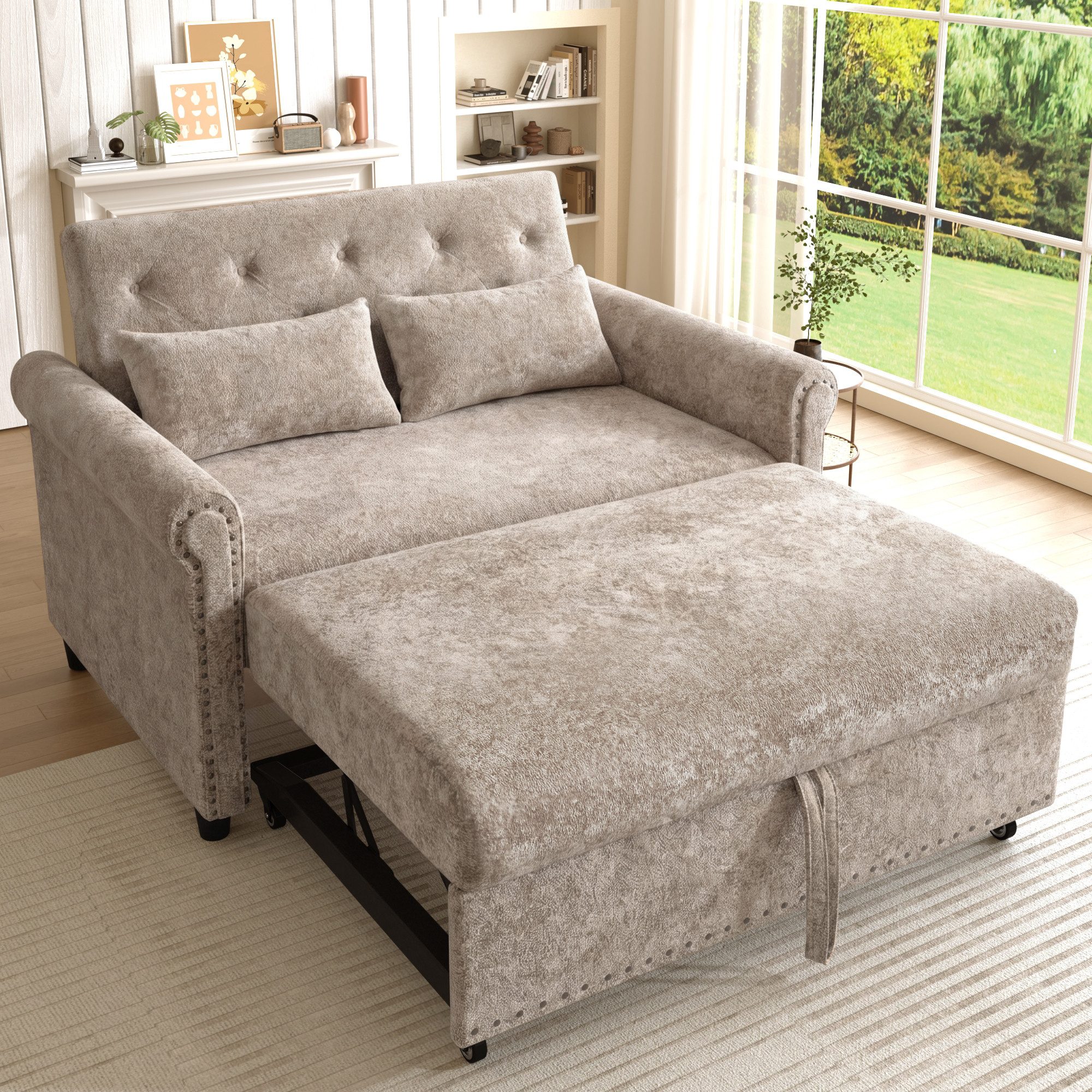 Merax Sofabett, 2-Sitzer-Sofa aus Chenille, 120x80x82cm/120x170x59cm 1 Teile, 3-in-1 Schlafsofa mit verstellbarer Rückenlehne, 2 Kissen & Armlehnen