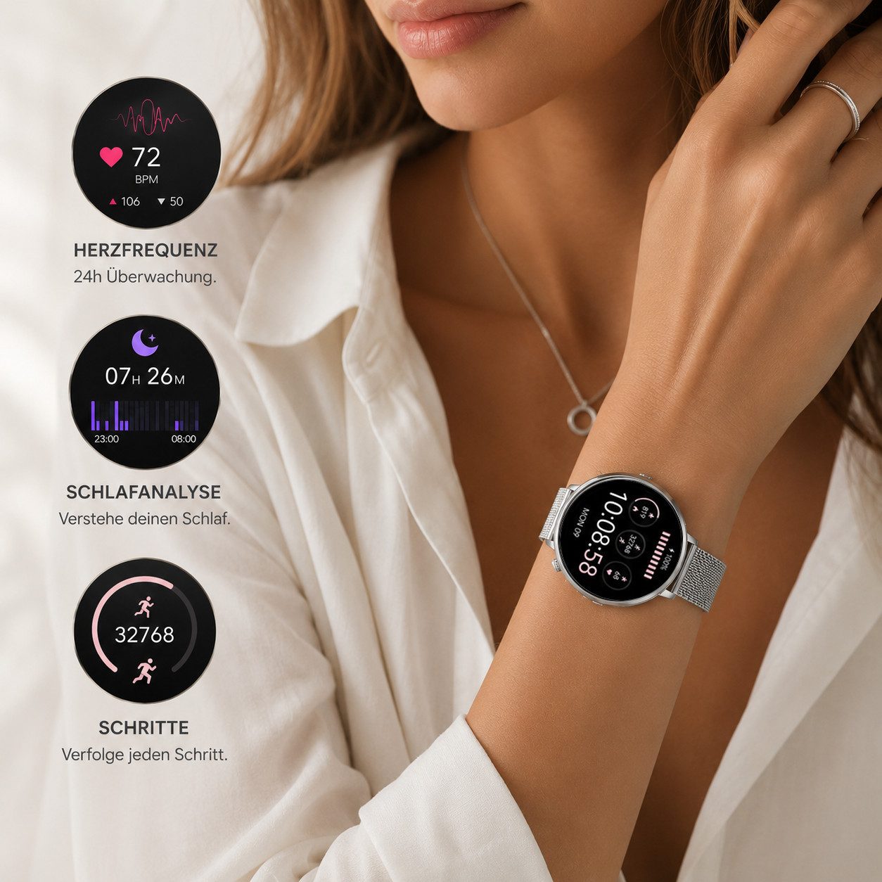 XCOAST SIONA 2 NANO - ultra kleine Damen Smartwatch (3,7 cm/1,19 Zoll, iOS und Android) Filigran, Frauen Armbanduhr, Fitnesstracker, 1-tlg., Fitness Tracker, Damenuhr, 7 Tage Akku, Wasserdicht, Puls, Blutdruck, Blutsauerstoff