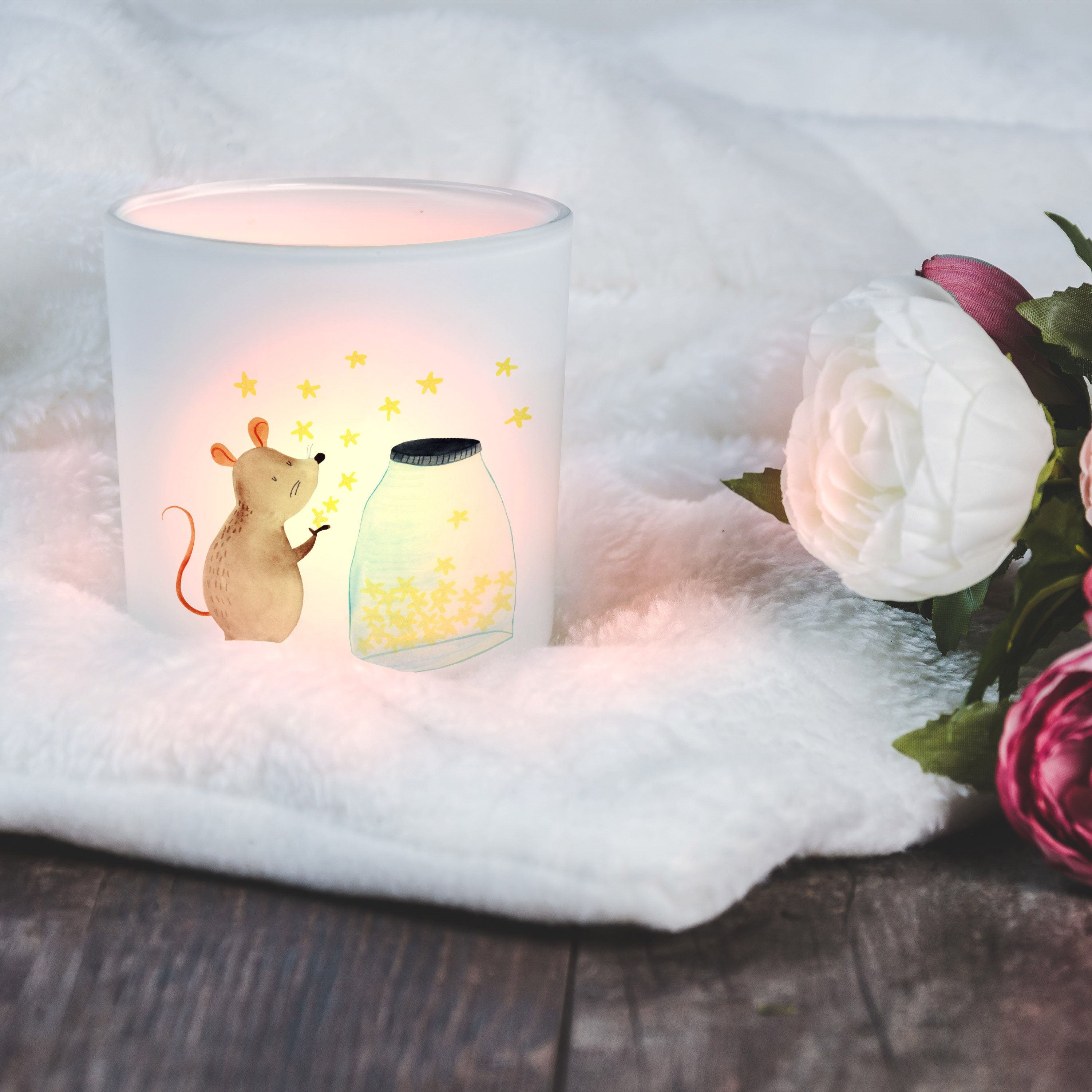 Transparent (1 & Geschenk, Maus St) Kerzenlicht, - Windlicht Mr. Teelichtgla Tiere, Sterne - Panda Mrs.