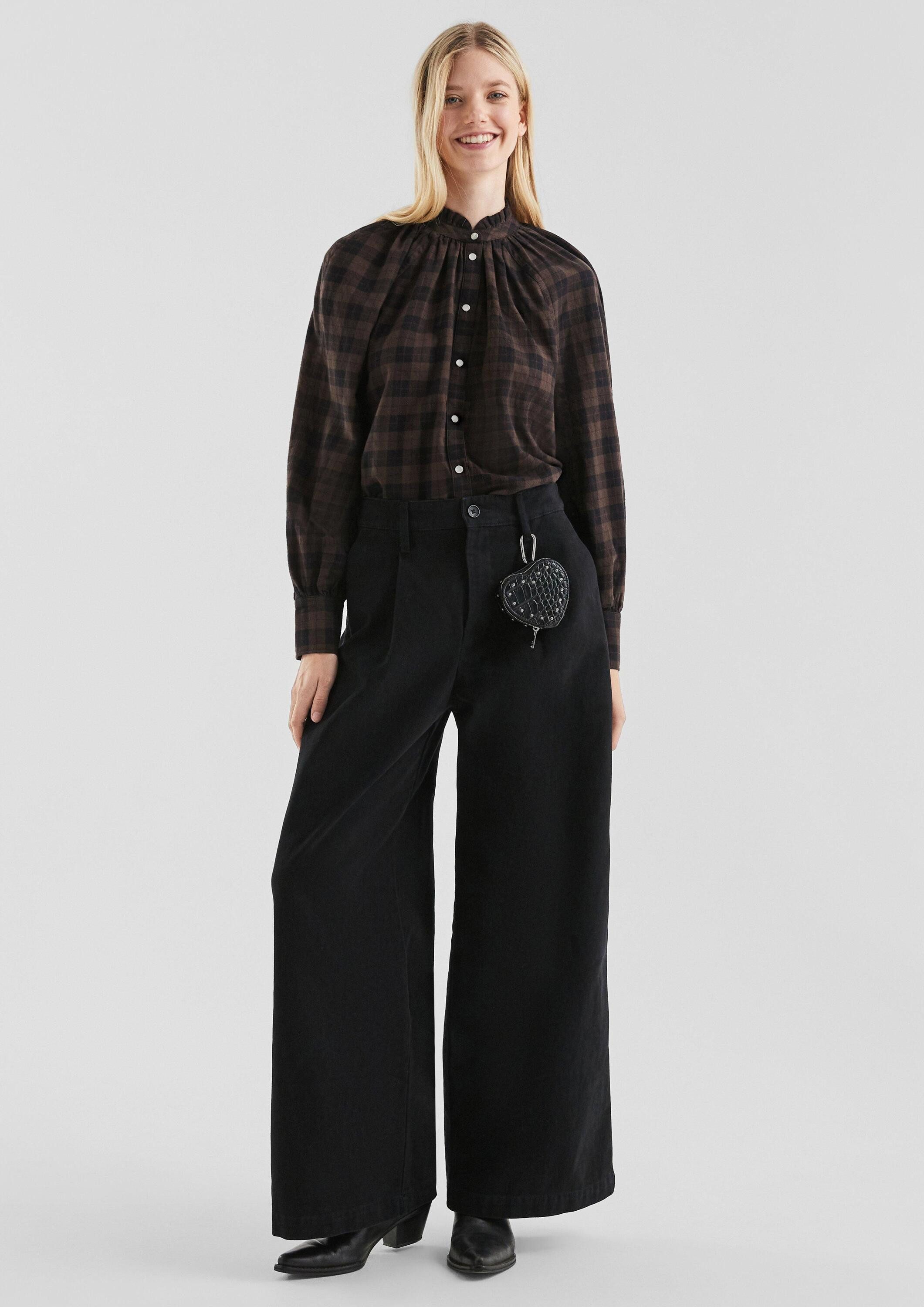 QS Langarmbluse Bluse Karobluse mit Raglanärmel und Rüsche am Stehkragen