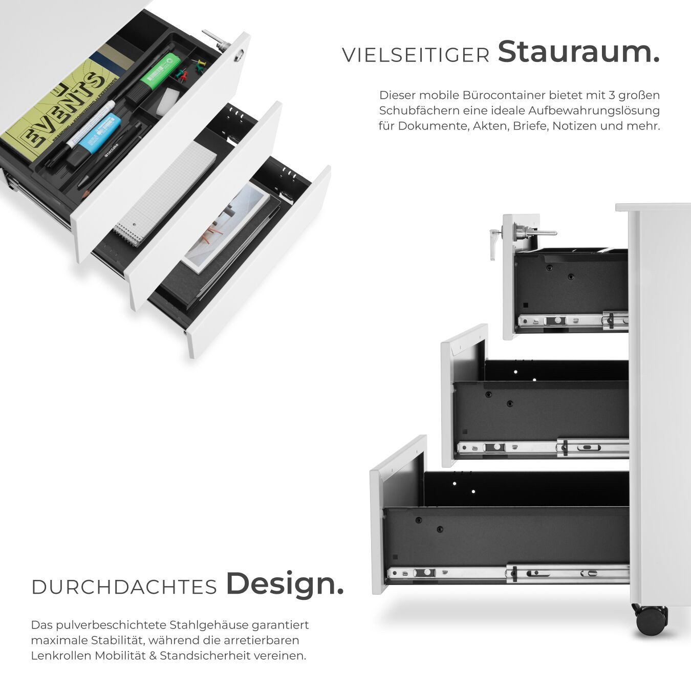 tectake Rollcontainer Aktenrollschrank, 39 x 45 x 55 cm, aus pulverbesch. Stahl, (Büroschrank Magna, in weiß), 3 Schubladen, Einsatz für Büroutensilien, abschließbar