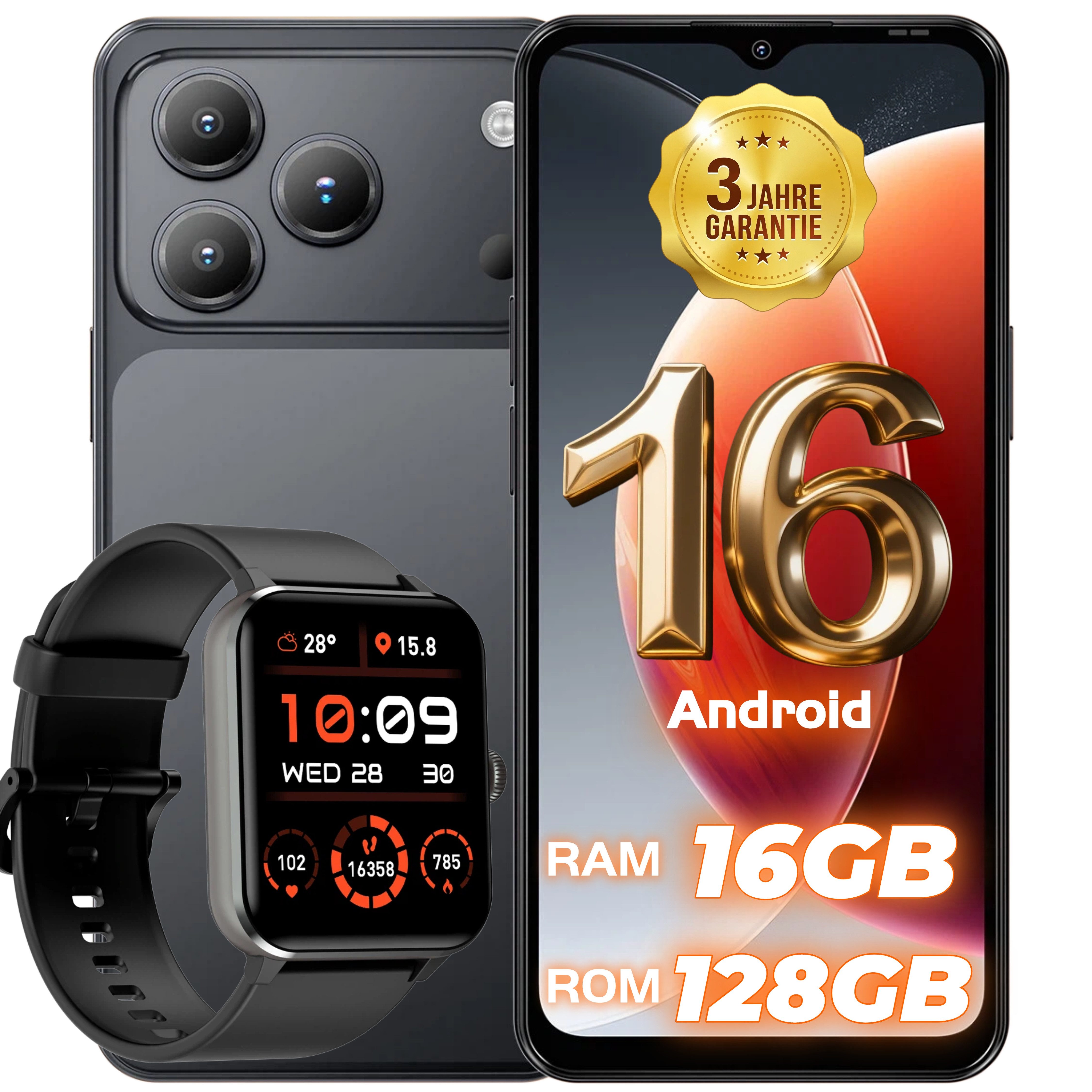 blackview WAVE 6.56 Zoll 128GB Handy incl. R50-Uhr Android 16 Smartphone (6,56 Zoll, 128 GB Speicherplatz, 32 MP Kamera, 5000mAh Simlockfreie Handy, 32MP+13MP KI Kamera, 4G Dual SIM/Face ID)
