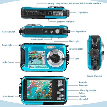 Cbei Unterwasserkamera Full 48MP 10FT Kamera Wasserdicht Dual Screen Vollformat-Digitalkamera (inkl. für Selbstauslöser Unterwasser, Schwimmen, Urlaub, 16X Digital Zoom Schnorcheln wasserdichte Digitalkamera)