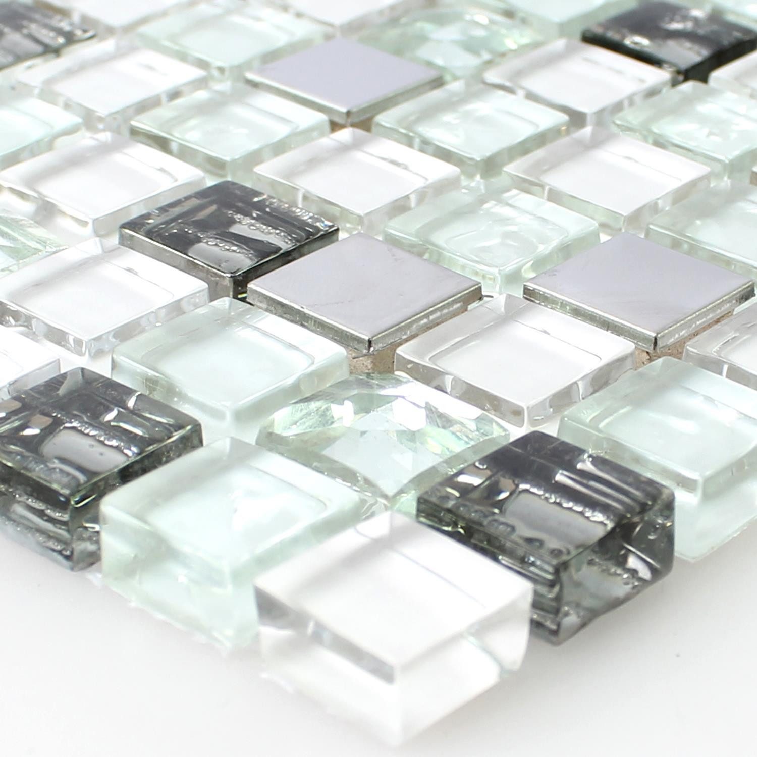 Mosafil Mosaikfliesen Glas Edelstahl Mosaikfliesen Admont Weiss 15, Glas-Metall-Edelstahl 30.000x30.000, weiß-silber, Verlegefertig auf ein Netz geklebt - Wasserfest