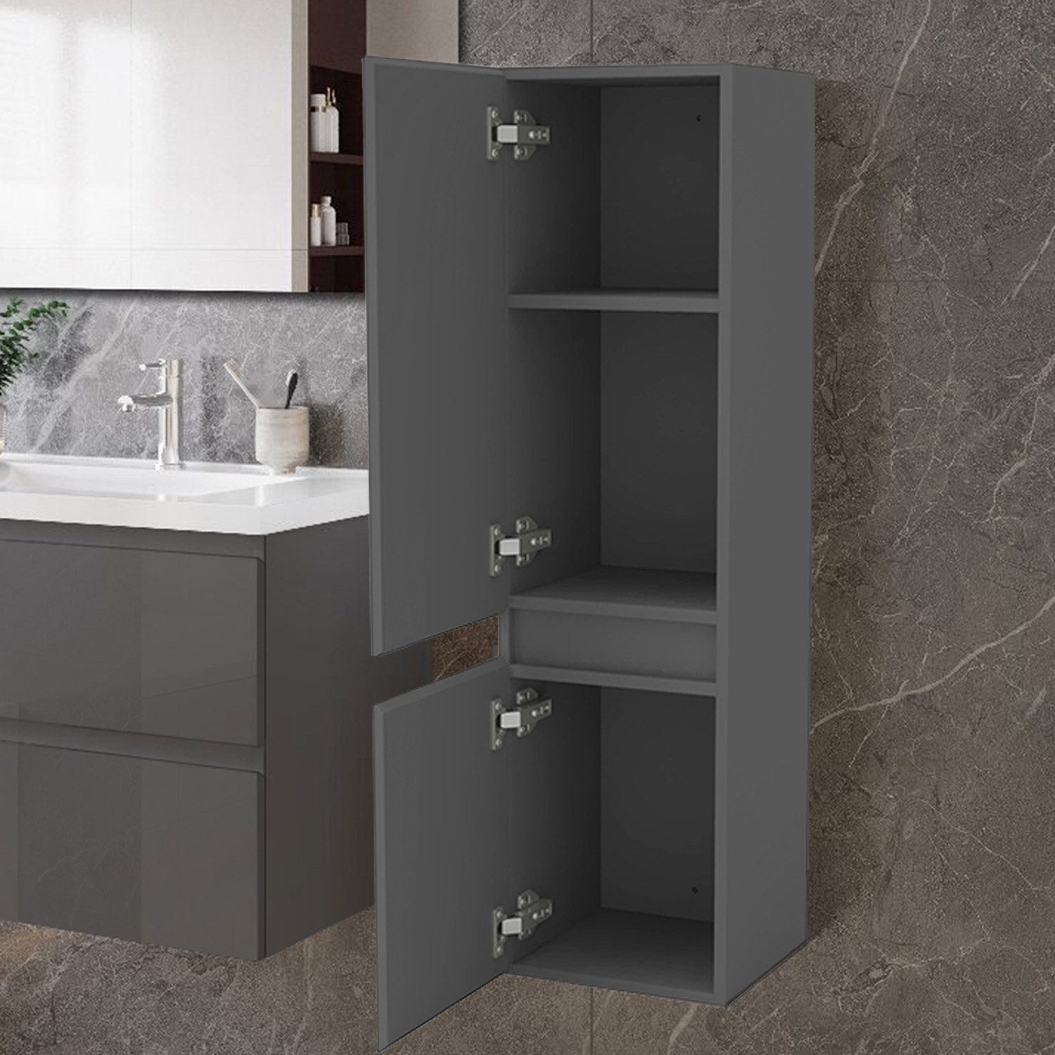 duschspa Badmöbel-Set Waschtisch mit Keramikbecken und Hochschrank 83/110/131.5cm, 50/60/80/100/120cm Matt, Hochglanz Badset mit Softclose – Bild 3 von 5